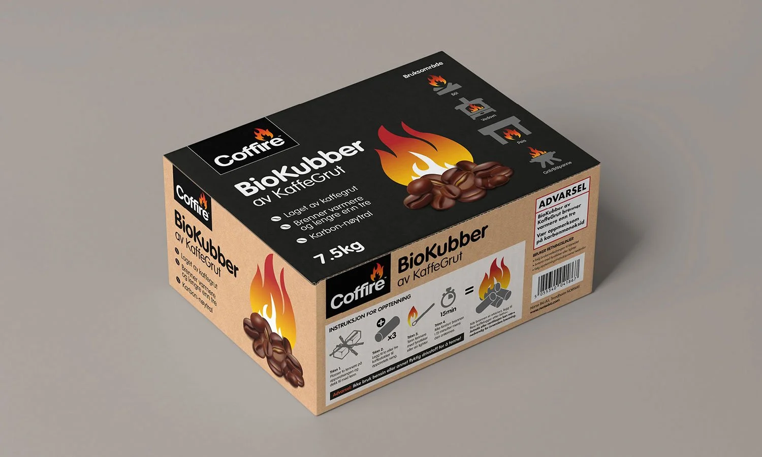 The final Coffire BioKubber box packaging shown at an angle on a dark teal background
