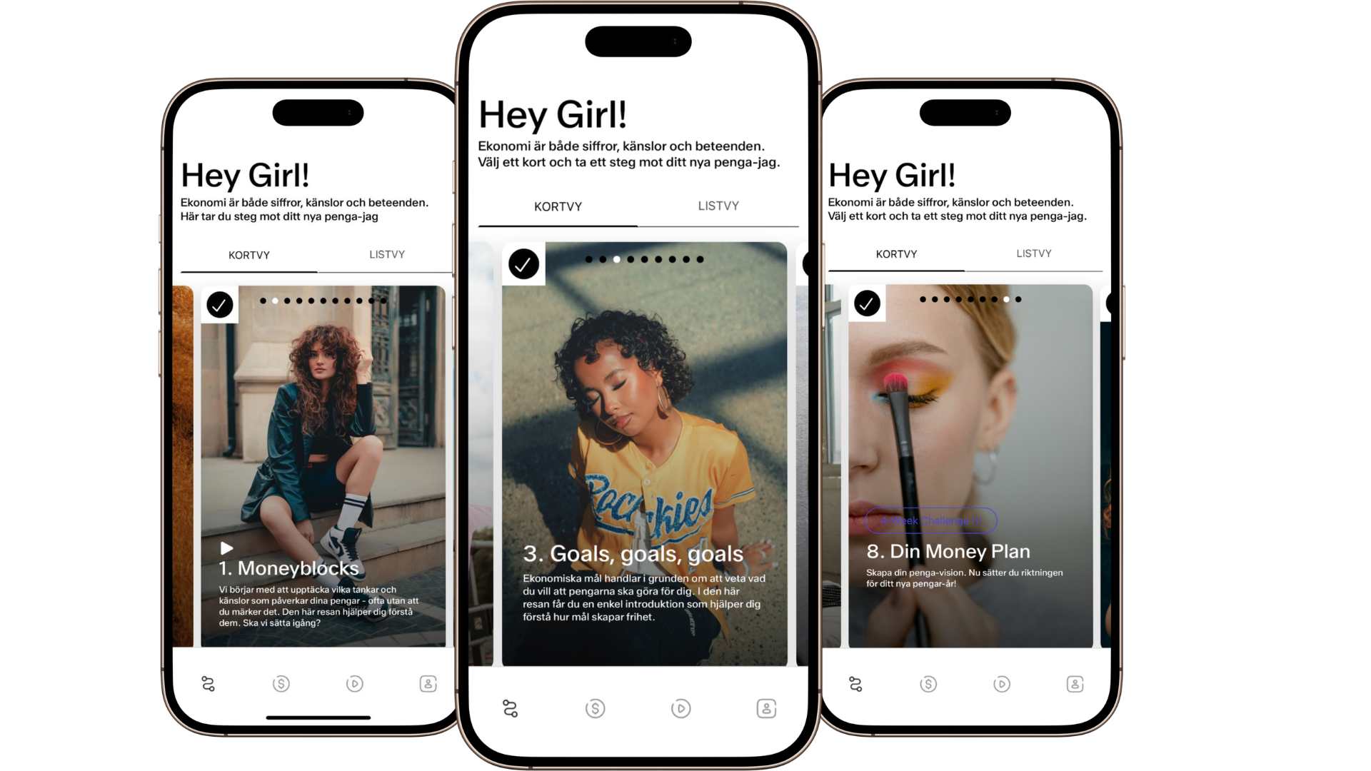 Tre smartphones med en app om ekonomi och mål, varje skärm visar en kvinna med olika bakgrunder och klädstil, text och menyer.