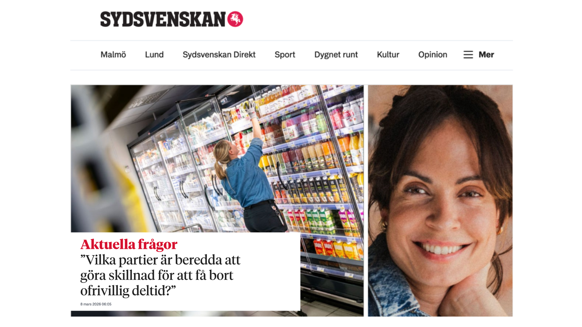 Debattartikel av Ellie Elmondt i Sydsvenskan om ofrivillig deltid. Kvinnors livsinkomst är 6,3 miljoner lägre än mäns. En av strukturerna som håller kvar den ekonomiska ojämlikheten är ofrivillig deltid.
