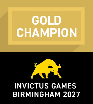 Invictus Games Birmingham 2027 Gold Champion badge featuring a gold champion emblem above the Invictus Games Birmingham 2027 logo with a gold bull.