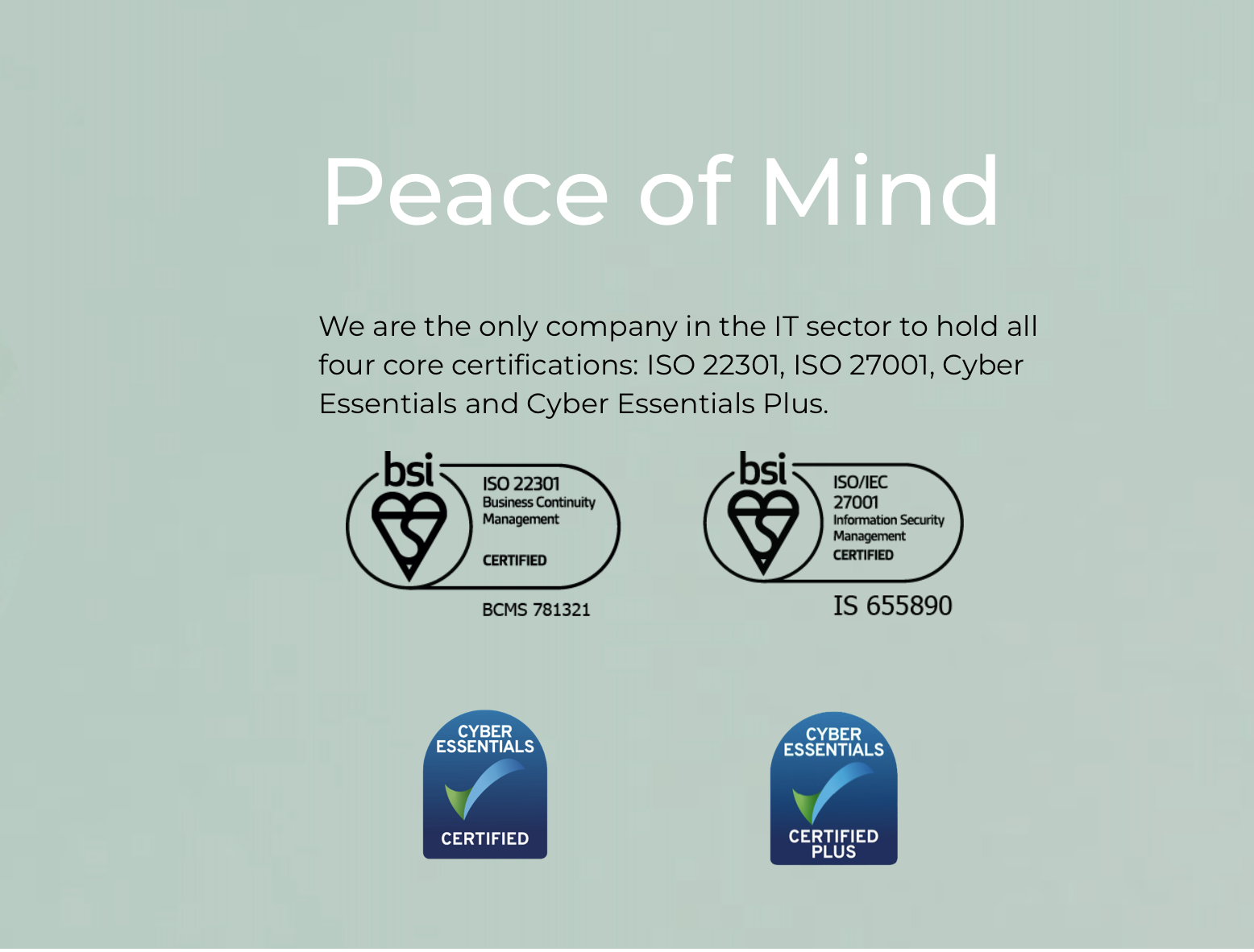 A light green background with the text "Peace of Mind" at the top, followed by text explaining that Creatio is only company in its sector to hold all four accreditations: ISO 22301, ISO 27001, Cyber Essentials, and Cyber Essentials Plus.