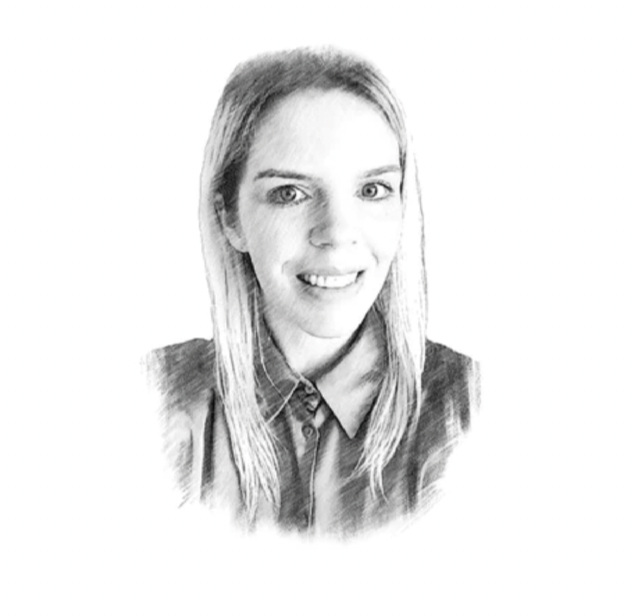 Black and white sketch-style headshot of Caitlin, smiling at the camera, with long straight hair and wearing a collared shirt.