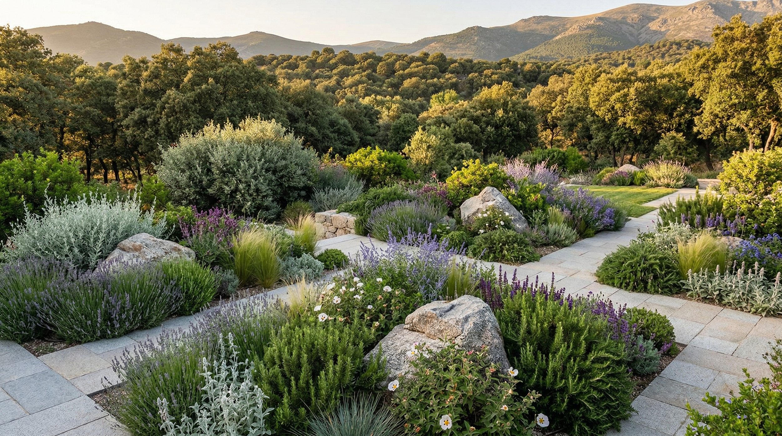 Jardín de revista con caminos de piedra natural que dividen espacios diseñados con matorrales y plantas llenas de flores y vista de montañas en el fondo.