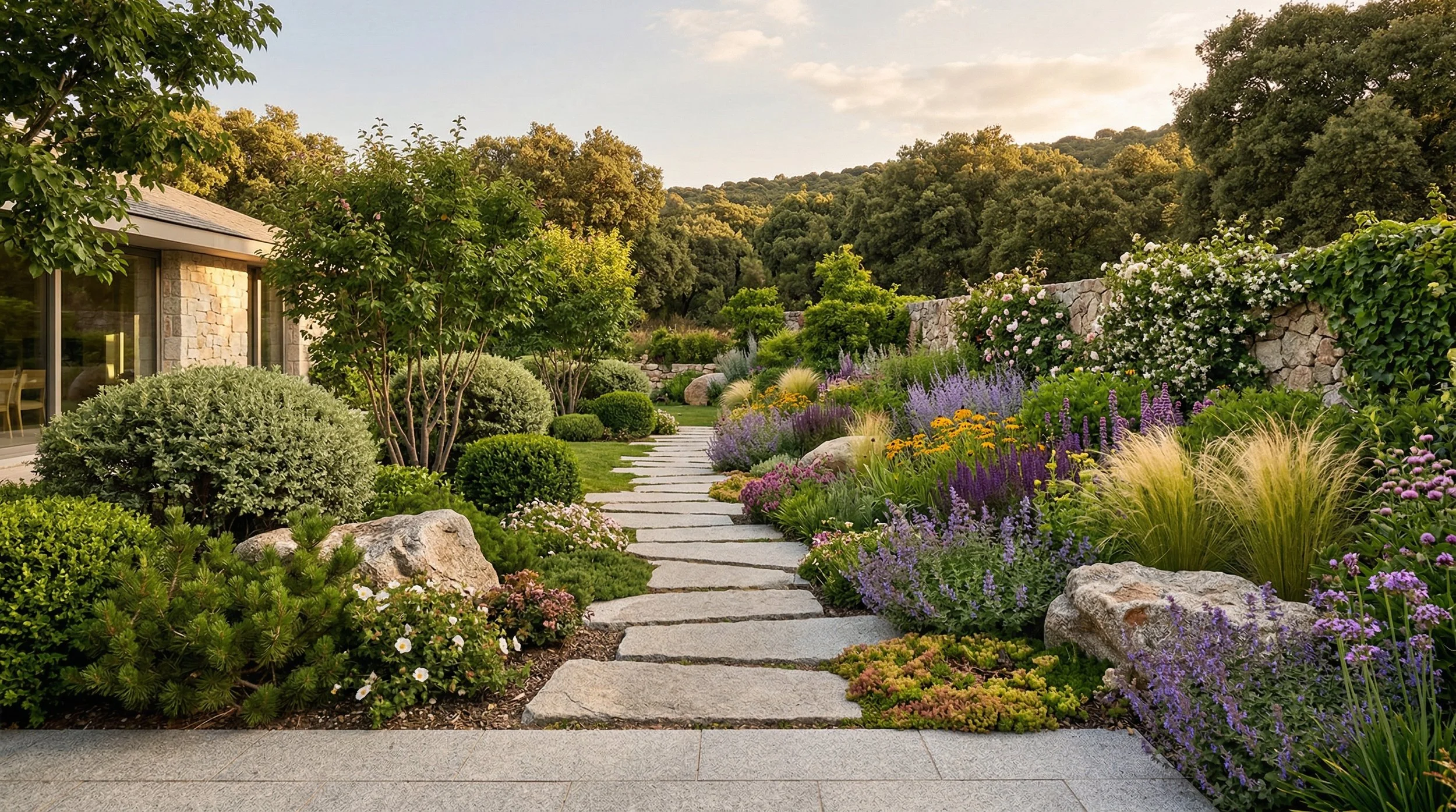 Jardín de revista con un sendero hecho de piedras sueltas, increíble floración de plantas variadas, con matorrales, vivaces y gramíneas además de árboles, en un entorno natural con colinas y un cielo despejado.