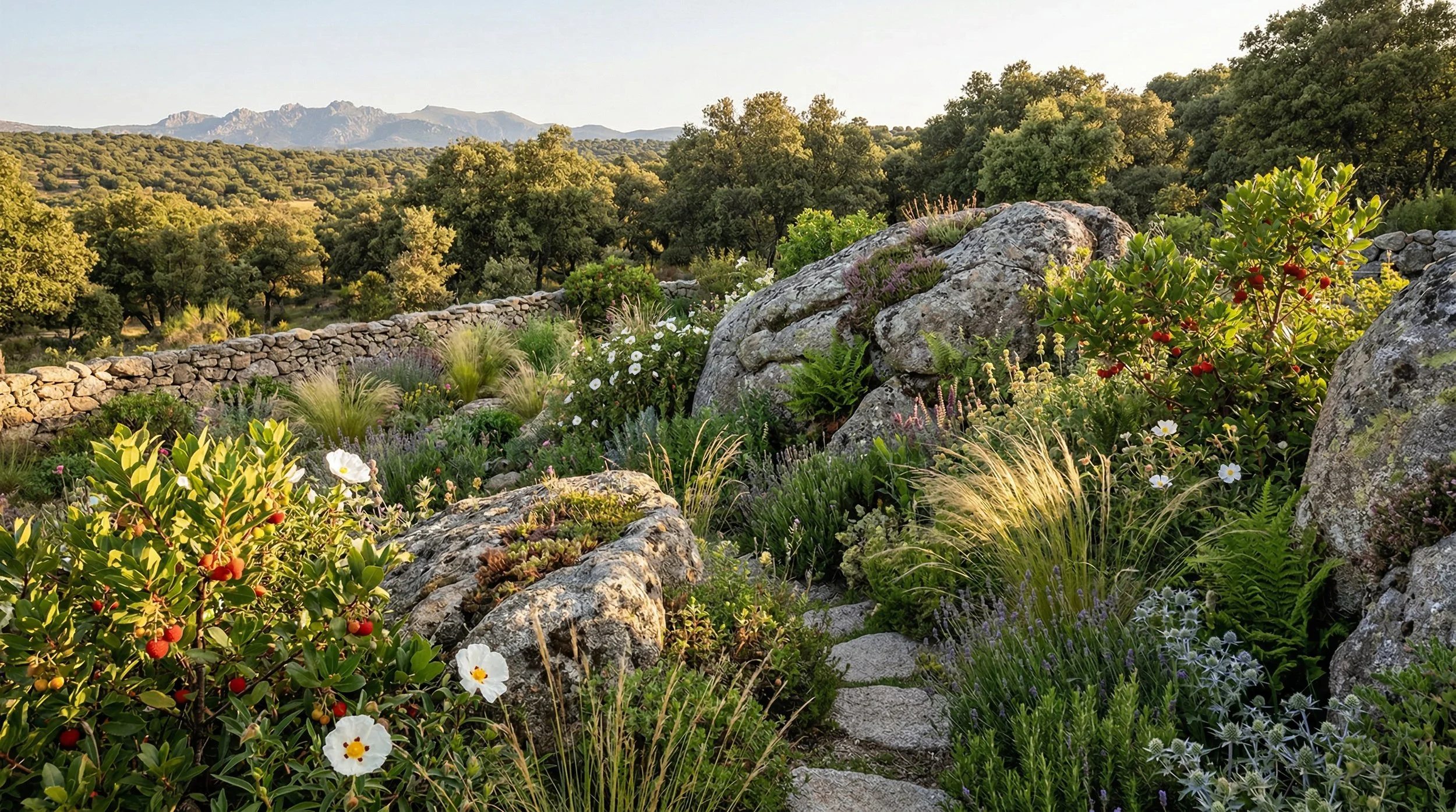 Paisaje natural con piedras grandes, plantas variadas, arbustos, flores blancas y rojas, en un entorno de campo con montañas al fondo tras un muro bajo de piedra seca.