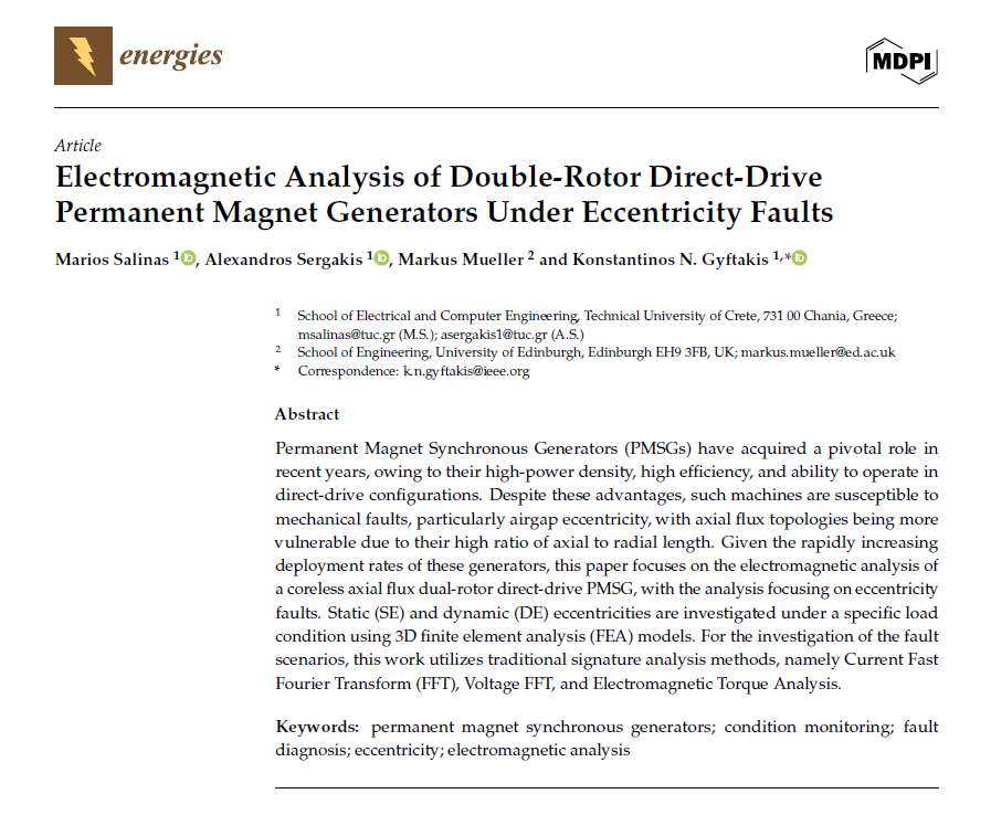New Publication: Electromagnetic Analysis of Double-Rotor Direct-Drive Permanent Magnet Generators Under Eccentricity Faults