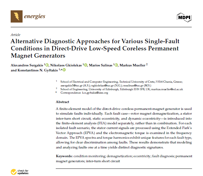 New Publication: Alternative Diagnostic Approaches for Various Single-Fault Conditions in Direct-Drive Low-Speed Coreless Permanent Magnet Generators