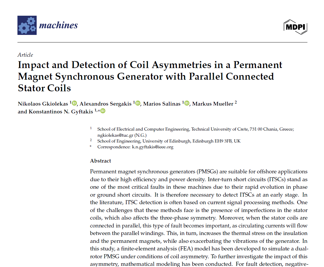 New Publication: Impact and Detection of Coil Asymmetries in a Permanent Magnet Synchronous Generator with Parallel Connected Stator Coils 