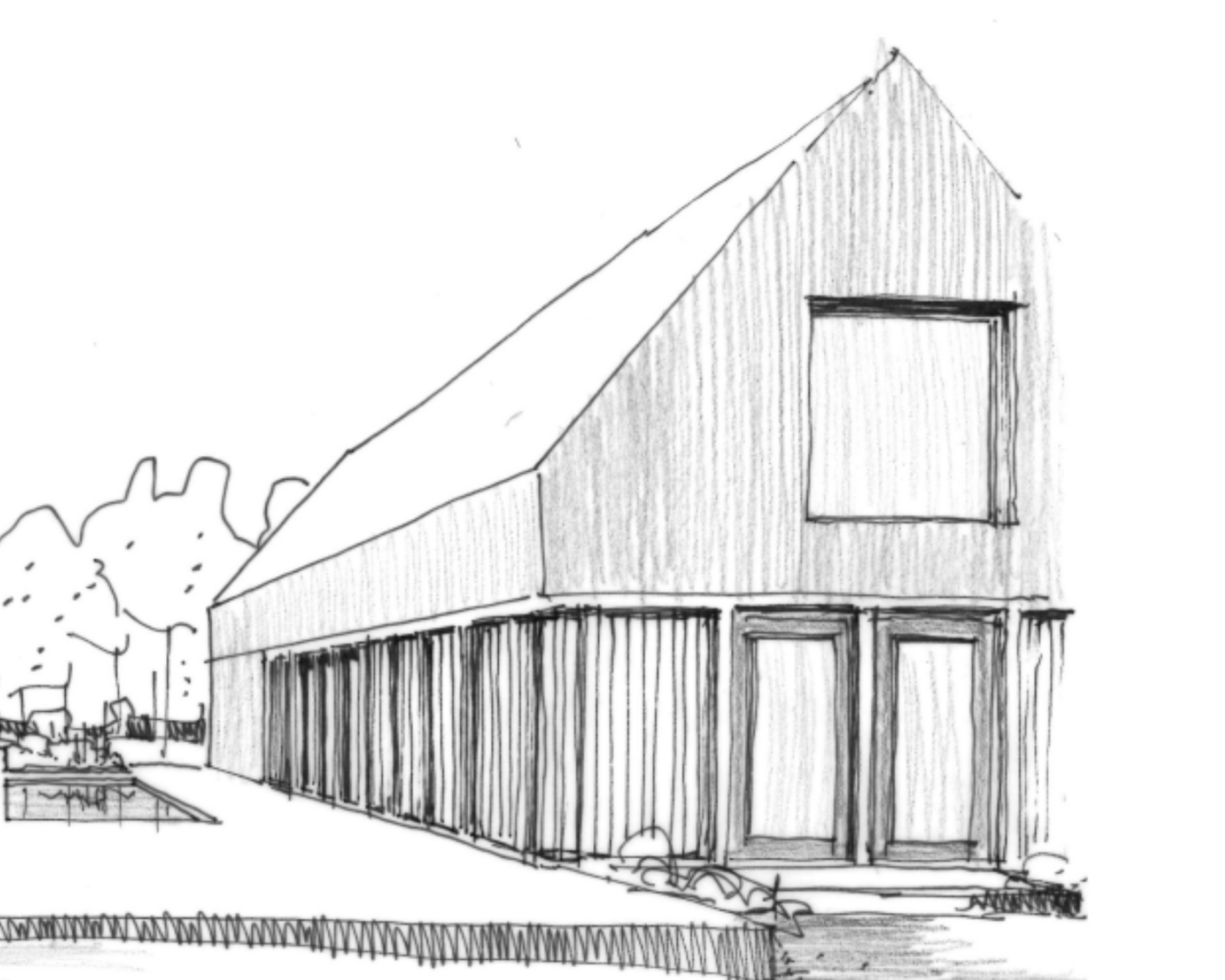 Schets van een modern huis met een schuine daklijn, houten gevel en grote ramen.