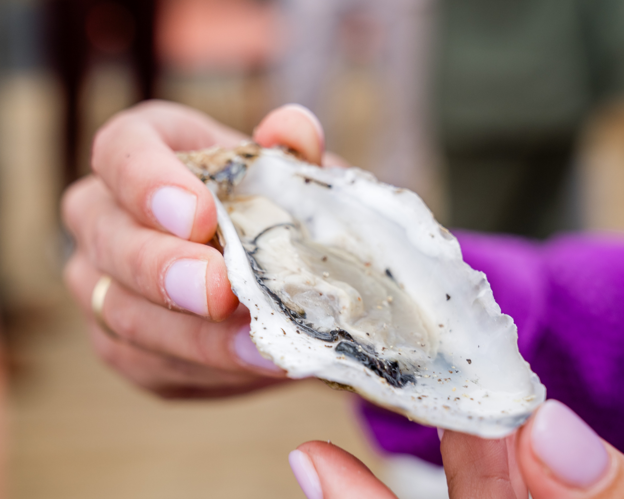 Een hand die een oester openmaakt, hapjes voor een receptie