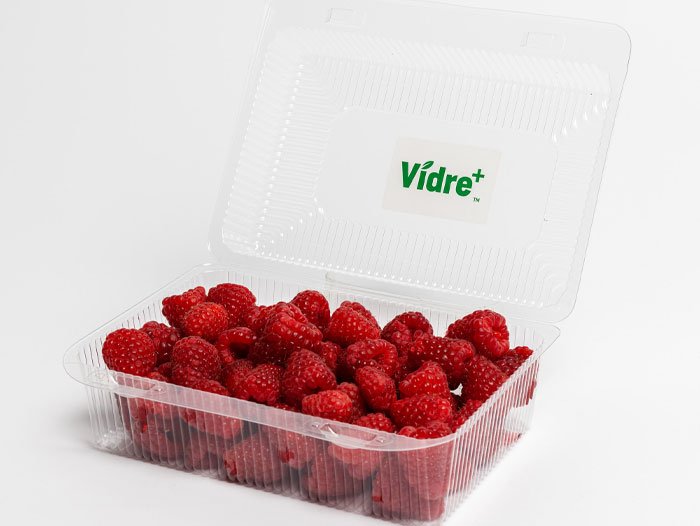 Un contenant en plastique transparent rempli de framboises rouges avec un couvercle partiellement ouvert, portant le logo 'Vidre+'.