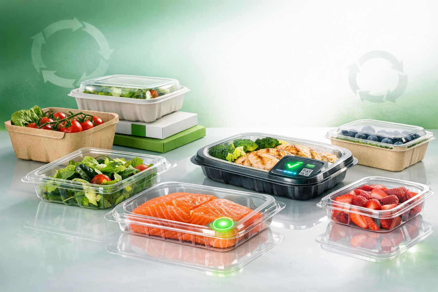 Différents contenants de nourriture fraîche, contenant des légumes, des fruits, du poisson et des plats cuisinés, avec des symboles de recyclage en arrière-plan.