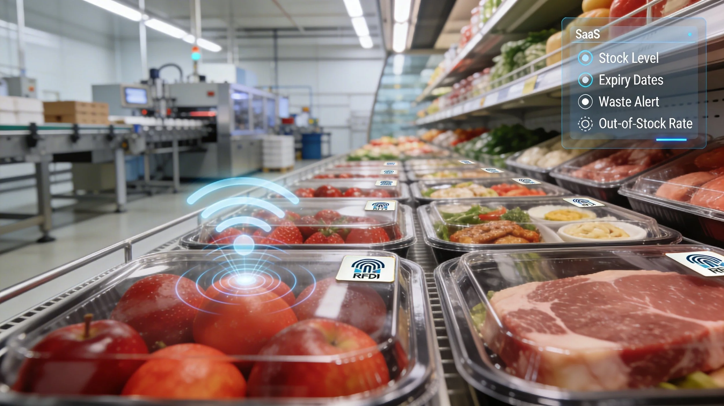 Produits alimentaires dans un supermarché, avec une étiquette RFID sur la viande et des options de gestion en réalité augmentée affichées, telles que niveau de stock, dates d'expiration, avertissement de déchets, et taux de rupture de stock.