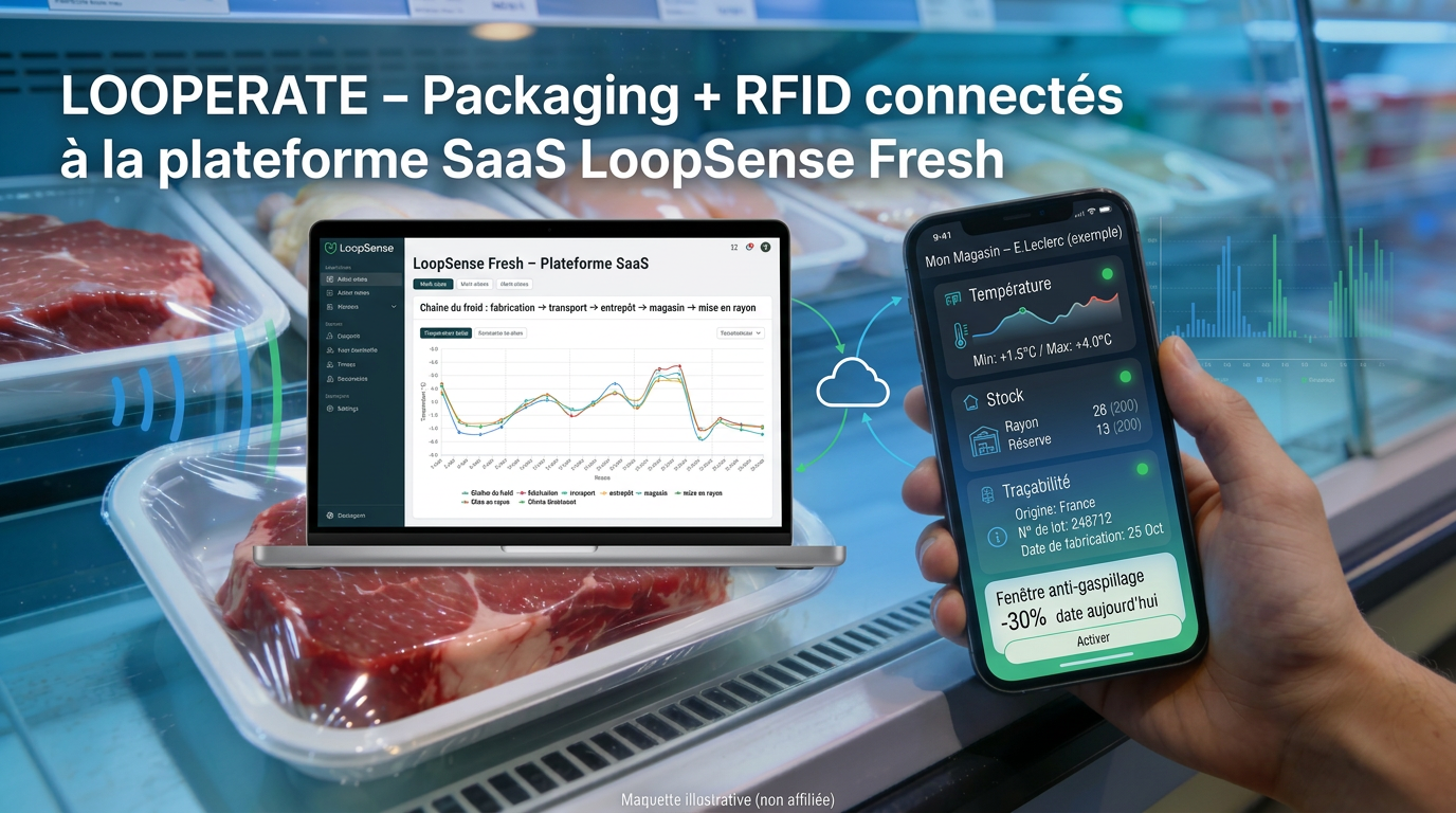 Une main tient un smartphone affichant l'interface de gestion d'inventaire et de température pour un produit dans un rayon de supermarché, avec une tablette affichant un graphique de suivi des chaînes du froid. En arrière-plan, des plates de viande dans un rayon réfrigéré de supermarché.