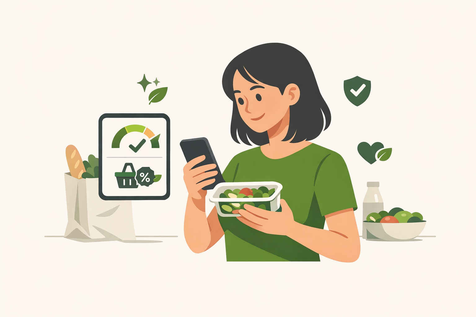 Une femme souriante, tenant une boîte de salade et regardant son téléphone, avec des icônes de fruits, légumes et des signes de durabilité et de santé autour d'elle. Un sac d'épicerie, des fruits, une bouteille et une salade sont visibles en arrière-plan.