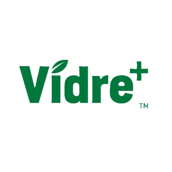 Logo avec le mot « Vidret » en lettres vertes, avec une feuille au-dessus du « V ».