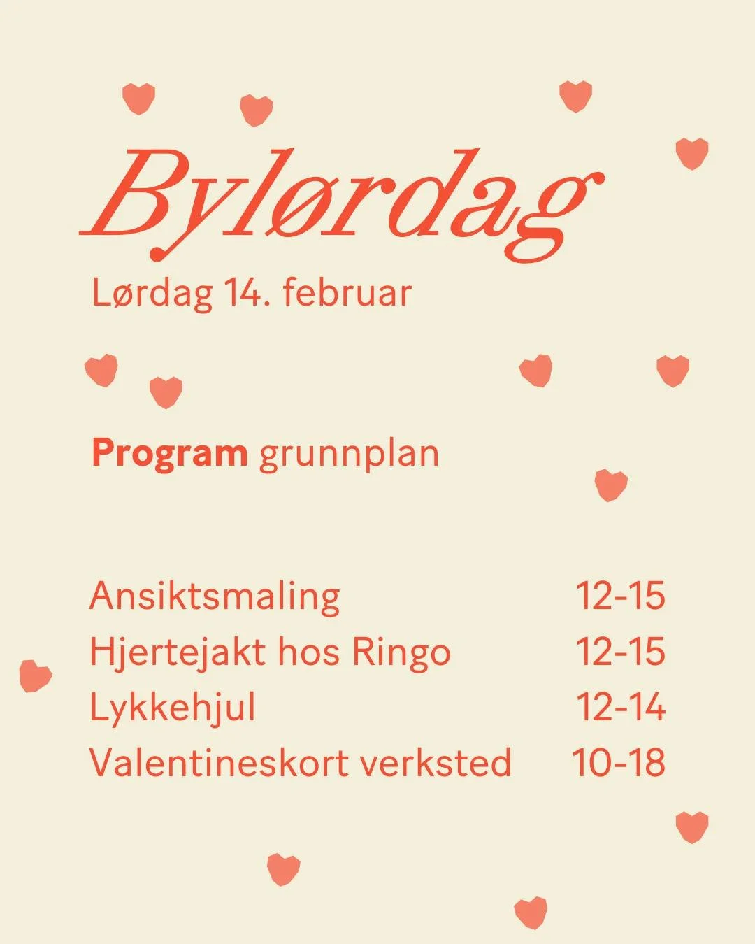 Byl&oslash;rdag &ndash; Karneval og Kj&aelig;rlighet 💞🎭
L&oslash;rdag 14. februar inviterer vi til en stemningsfull dag p&aring; grunnplan!
Program:
🎨 Ansiktsmaling med @regnbue_ansikter  kl. 12&ndash;15
💘 Hjertejakt hos Ringo kl. 12&ndash;15
🎡 