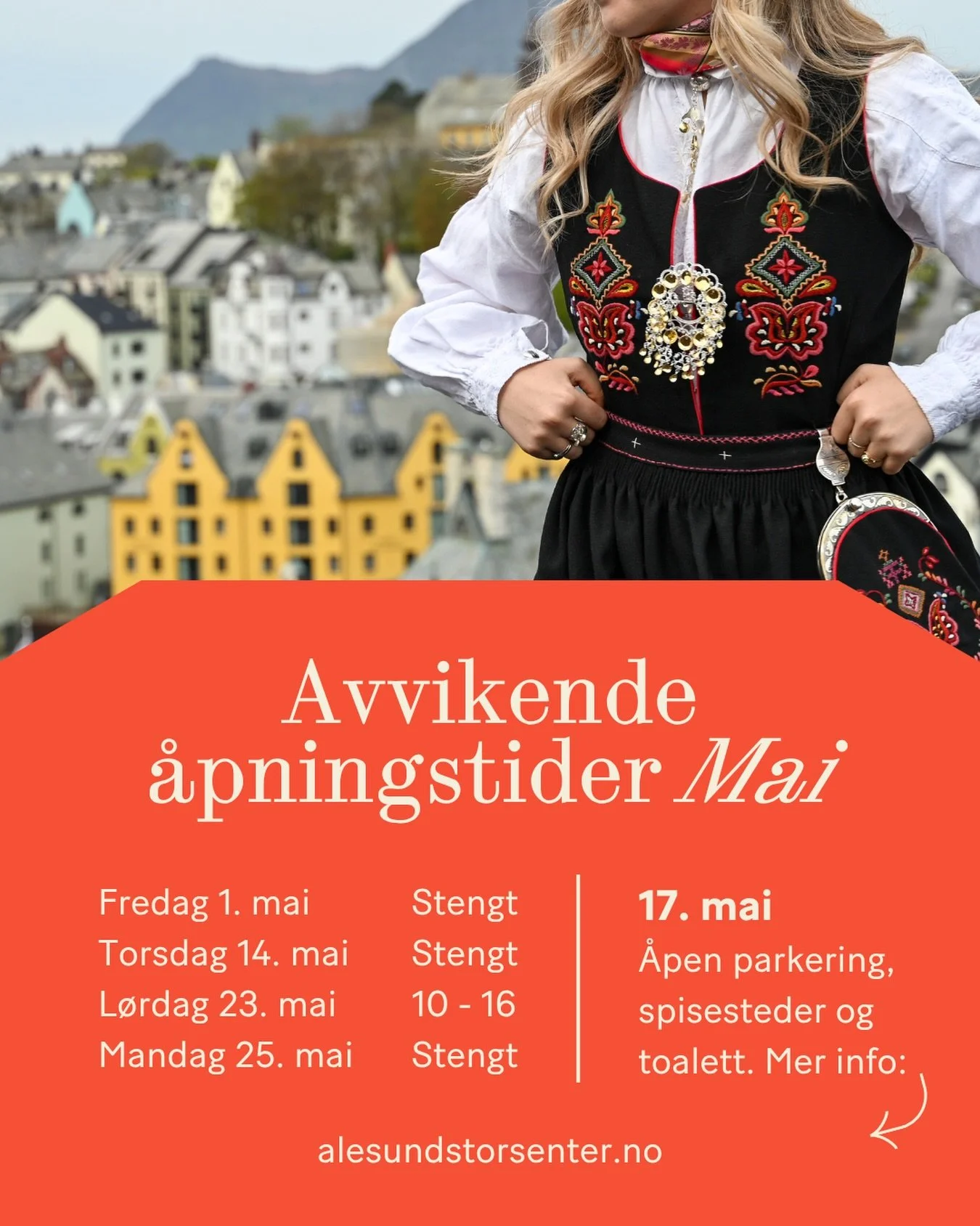 Avvikende &aring;pningstider Mai🫶🏼🇳🇴🥰
Mer info: alesundstorsenter.no

#smphandlelokalt #alesundstorsenter