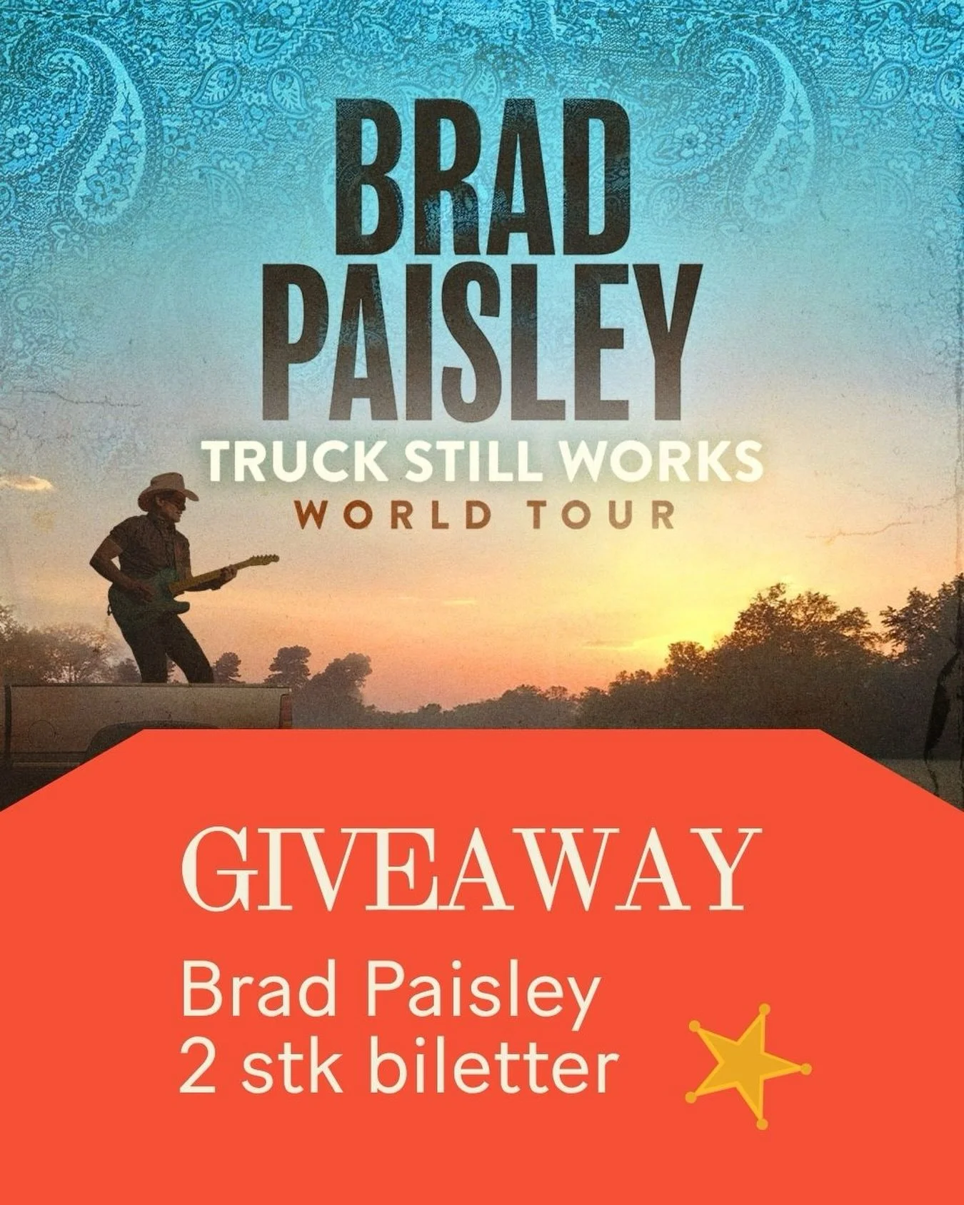 KONKURRANSE &ndash; VINN 2 BILLETTER TIL BRAD PAISLEY! 🎶
N&aring; har du sjansen til &aring; vinne 2 billetter til Brad Paisley-konserten 🤠🎸
Slik deltar du: F&oslash;lg @alesundstorsenter Lik dette innlegget Kommenter hvem du vil ta med p&aring; k
