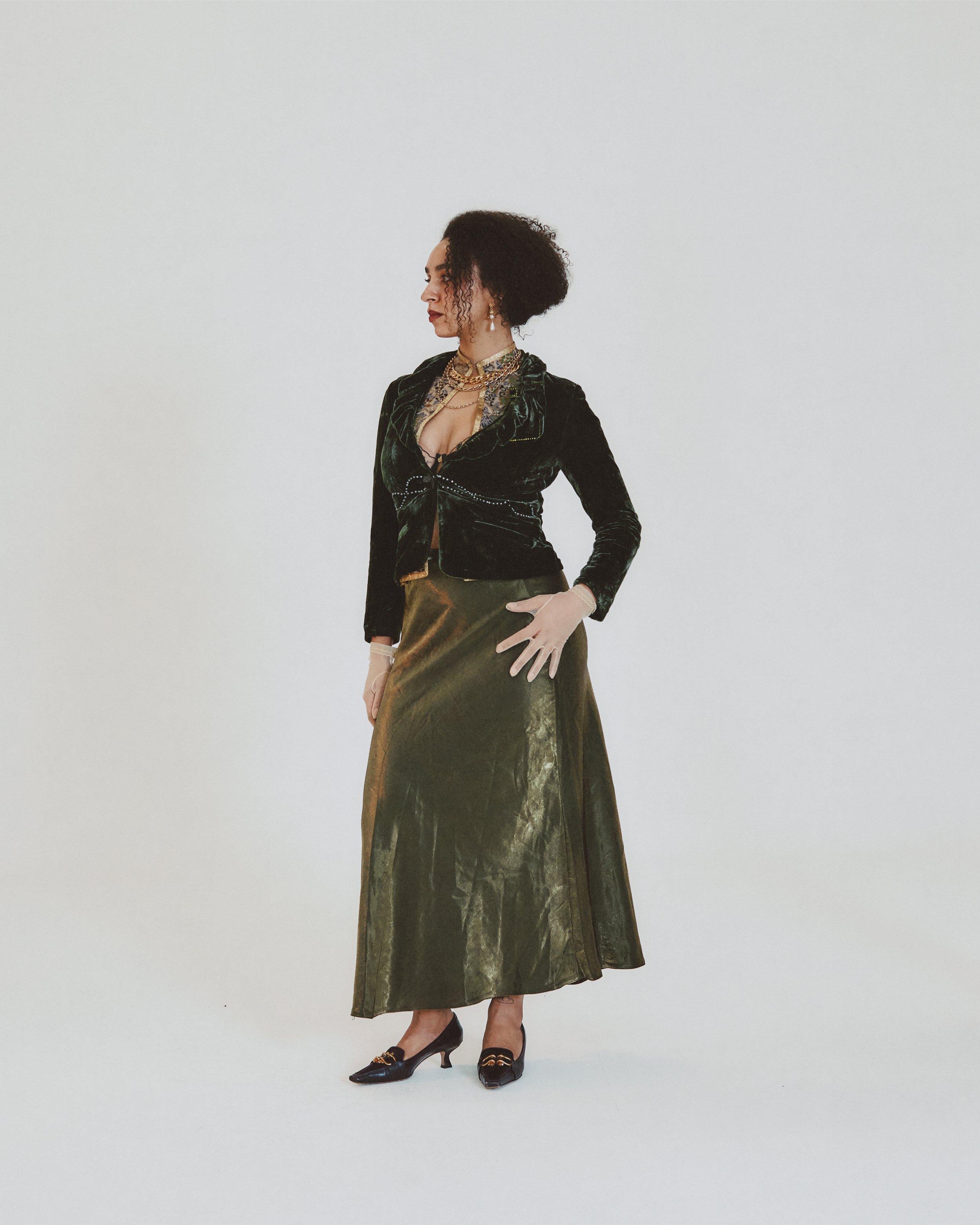 Vintage Olive Crushed Satin Bias Skirt