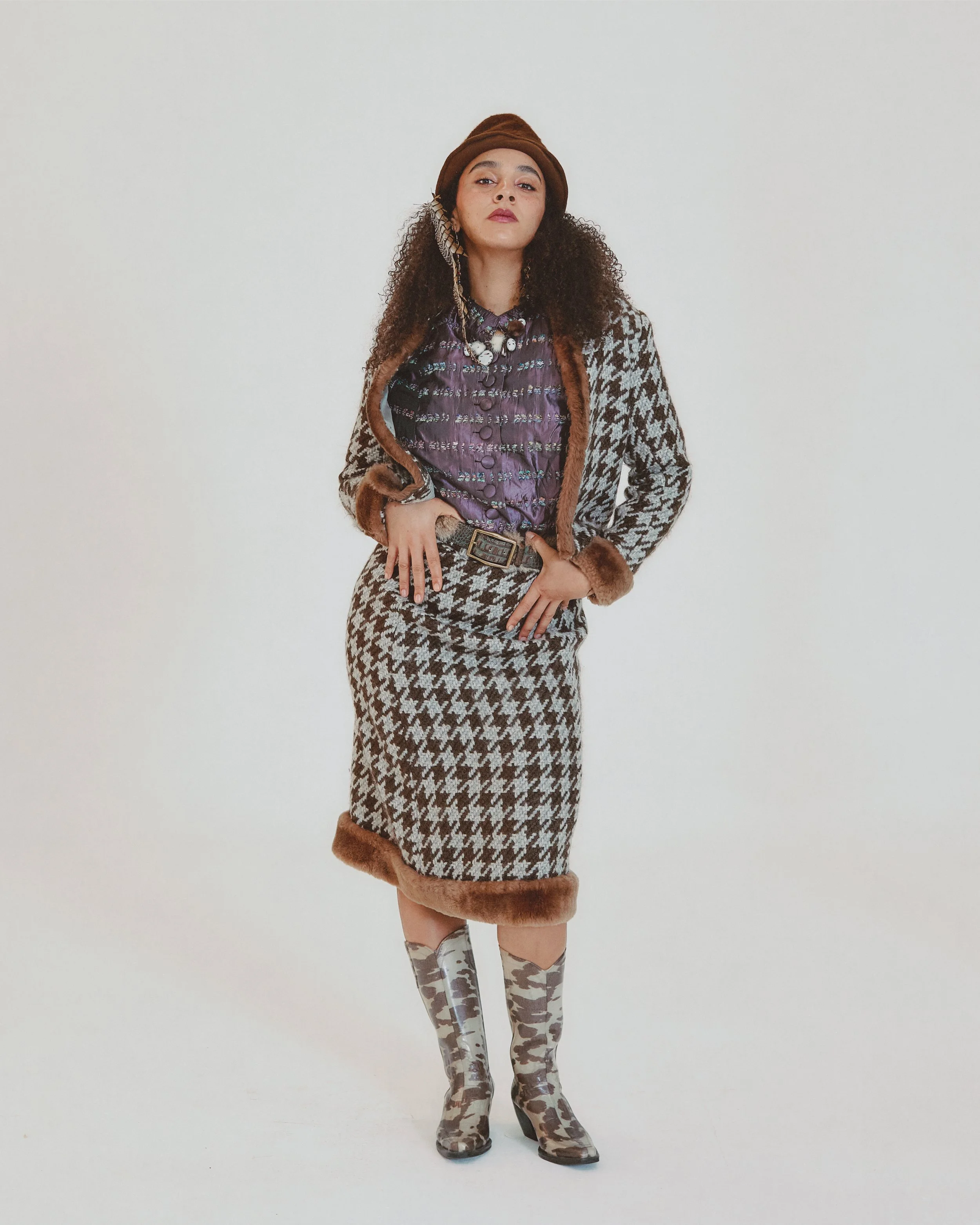 For the Heiress in Houndstooth - Vintage 1950s Wool Set with Faux Fur Trim