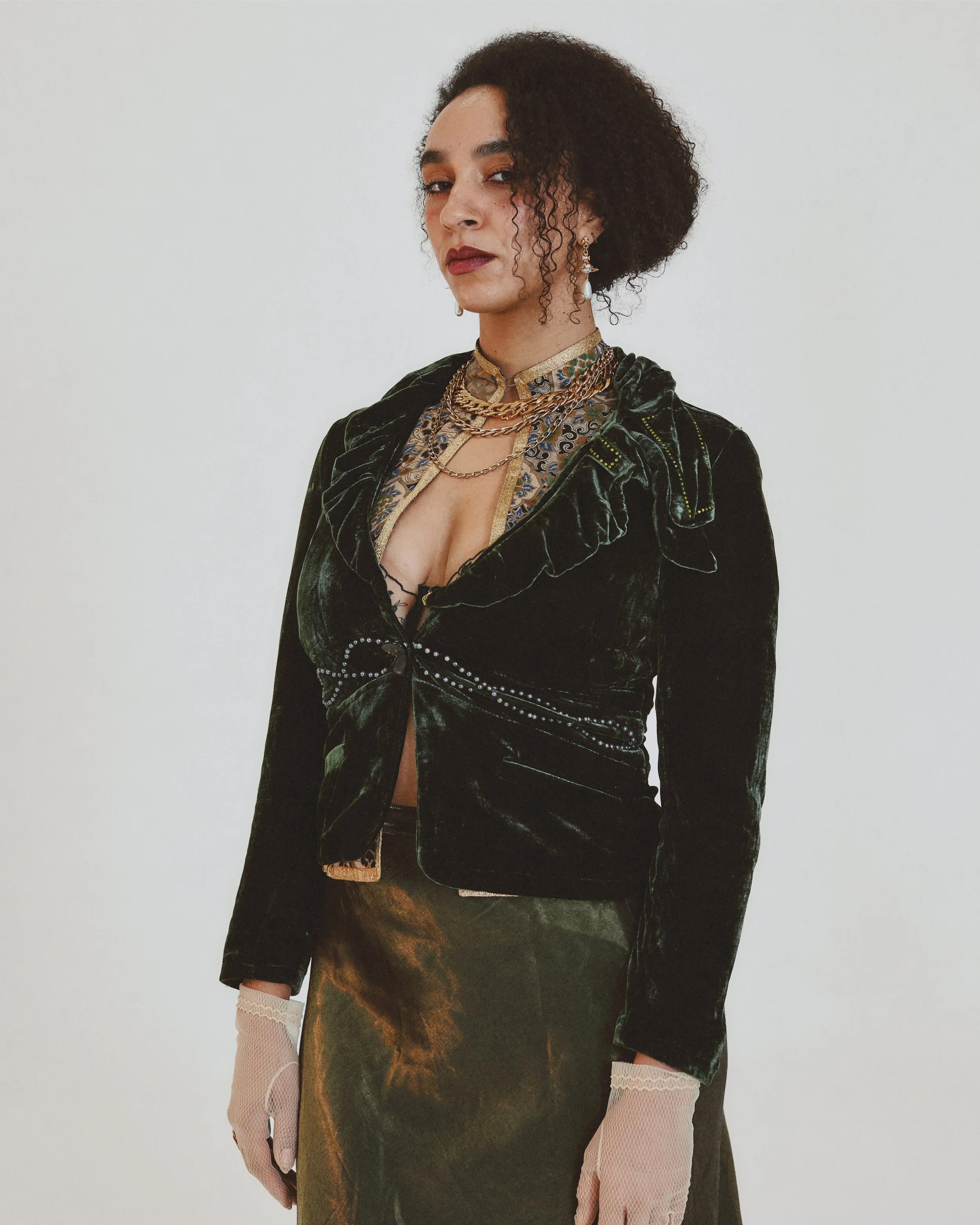 Deep Green Velvet Ruffle Jacket