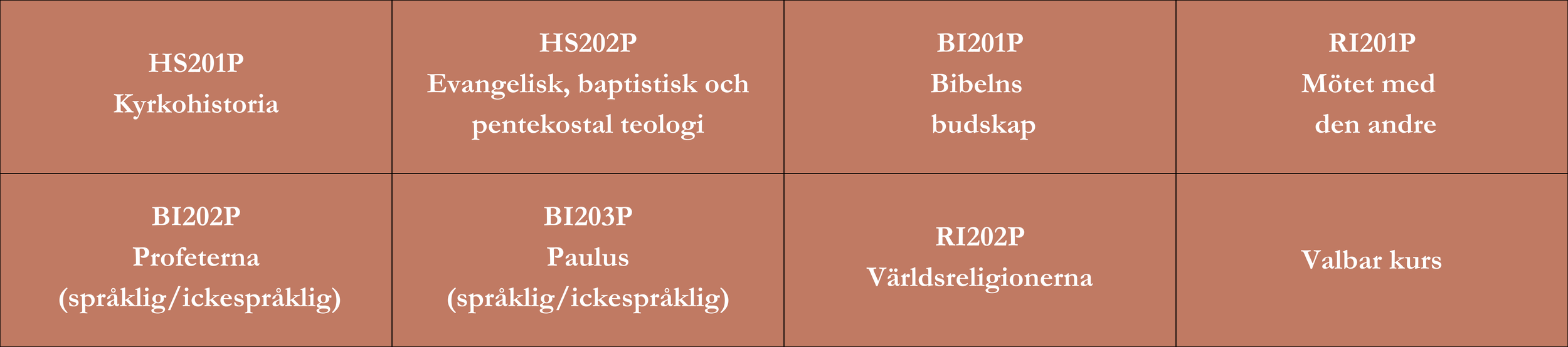 En tabell med kurskoder och kursnamn på svenska, inklusive kyrkohistoria, evangelisk, baptistisk och pentekostal teologi, bibelns budskap, mötet med den andra, profeterna, Paulus, världsreligionerna och ett valbart kursalternativ.