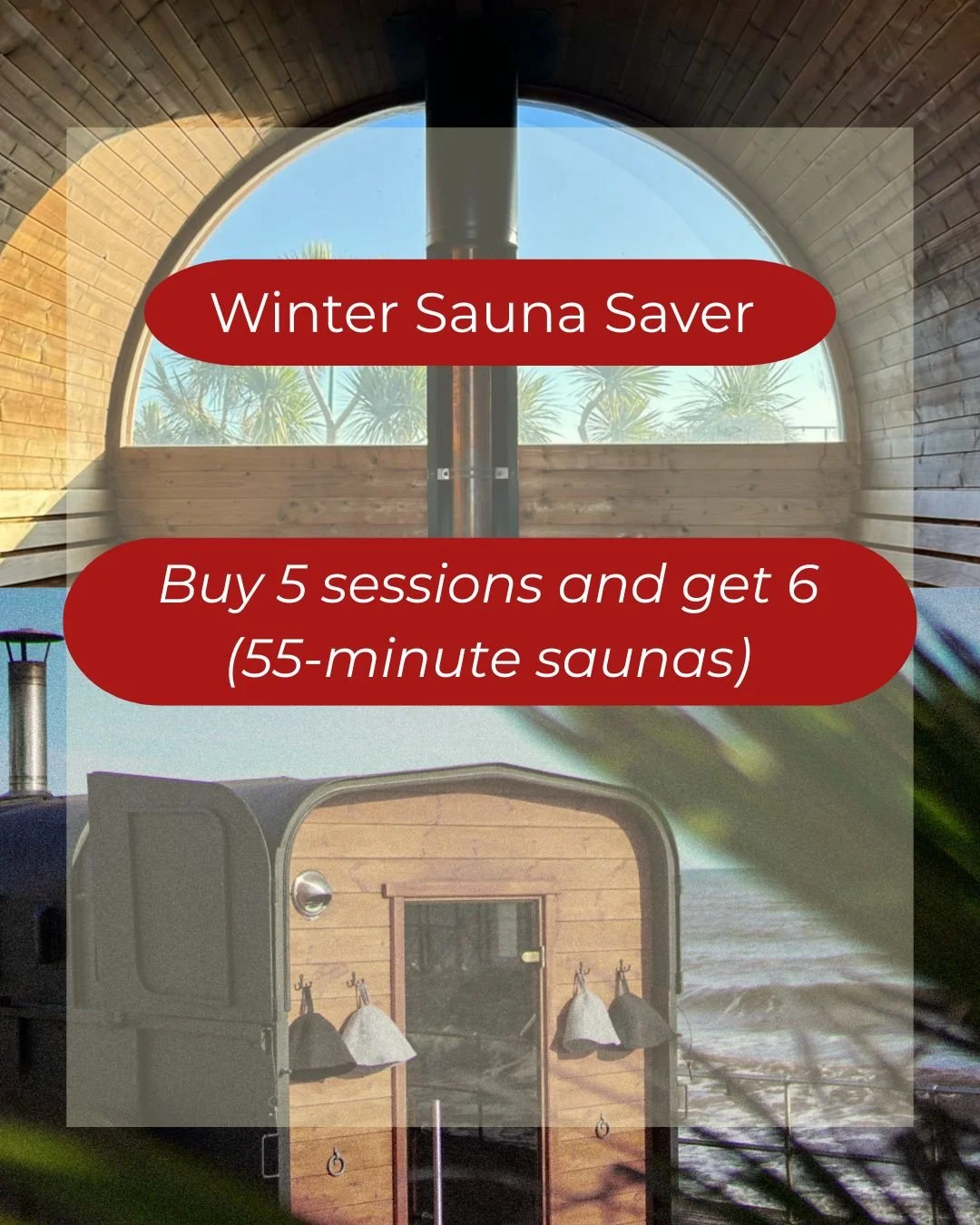 Indoor sauna with a curved wooden ceiling, a large arched window showing palm trees outside, and a promotional overlay for a winter sauna saver offer: 'Buy 5 sessions and get 6 (55-minute saunas).'