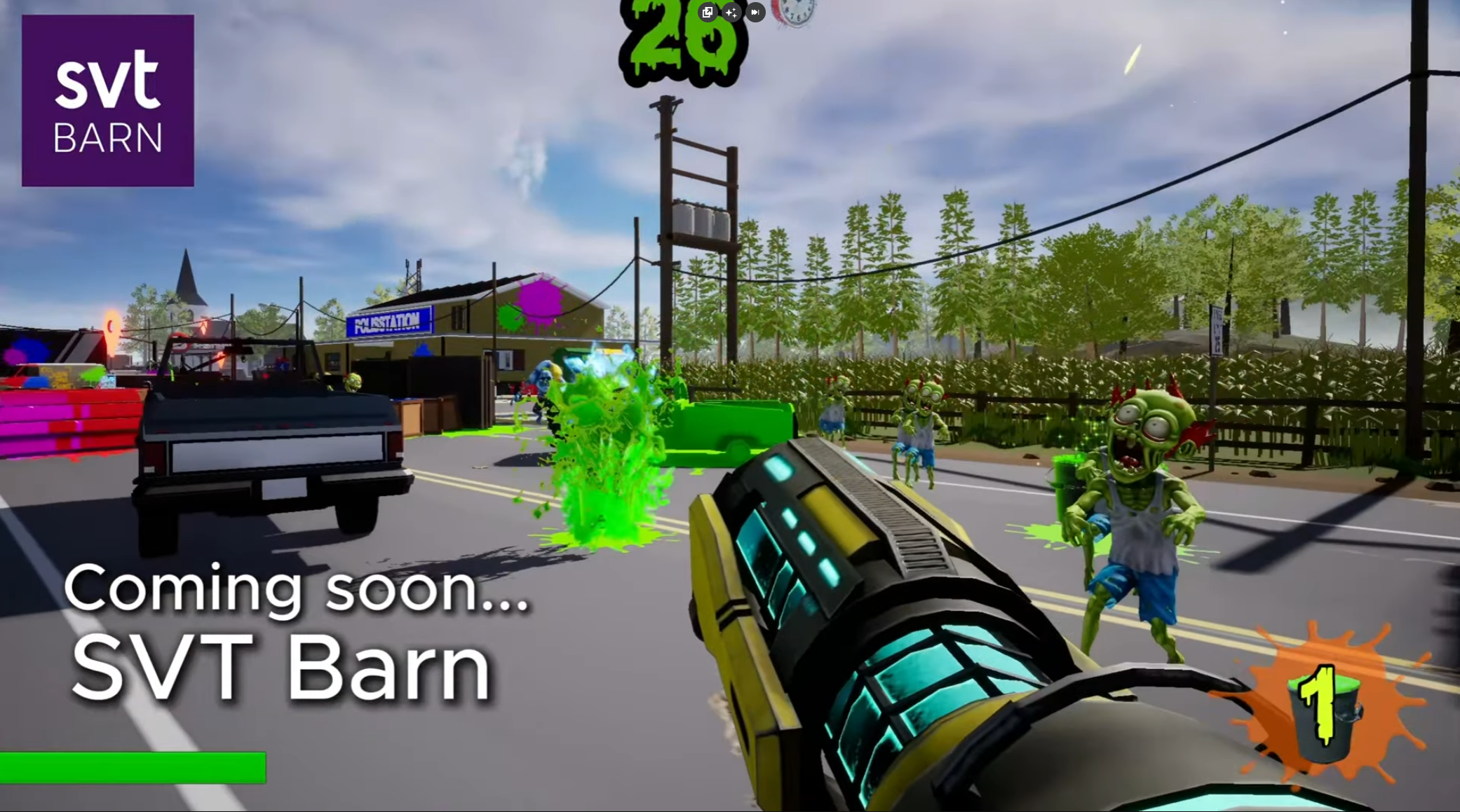 Screenshot of a upcoming video game called SVT Barn, showing a first-person view of a futuristic weapon aimed at zombie-like creatures with green skin and exaggerated facial features, in a street scene with a store, parked cars, trees, and power lines.