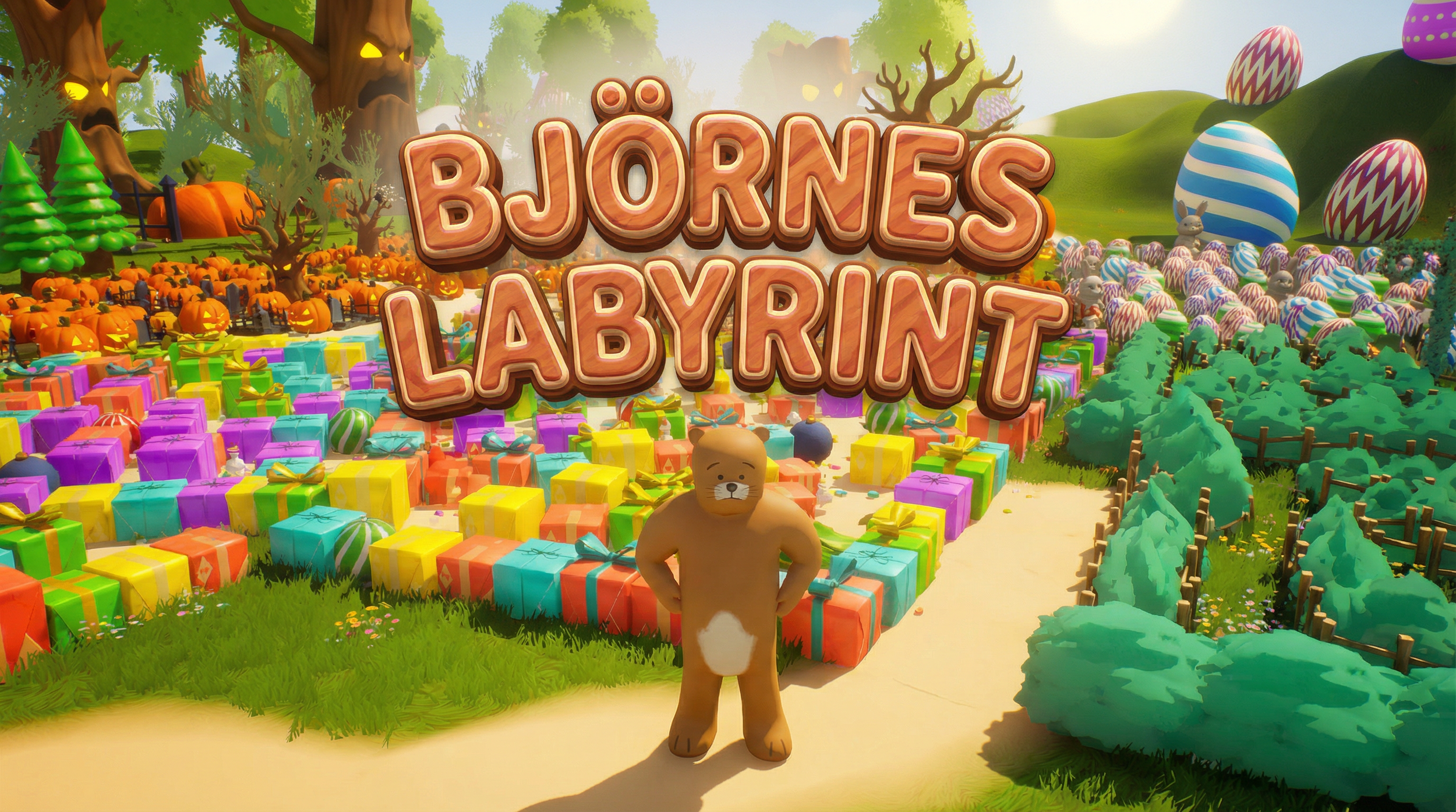 Colorful animated scene with a bear standing on a dirt path in front of a pile of gift boxes and the title 'Bjørnes Labyrint'. Background features decorated trees, a pumpkin, and large Easter eggs, with green bushes and a bright sky.
