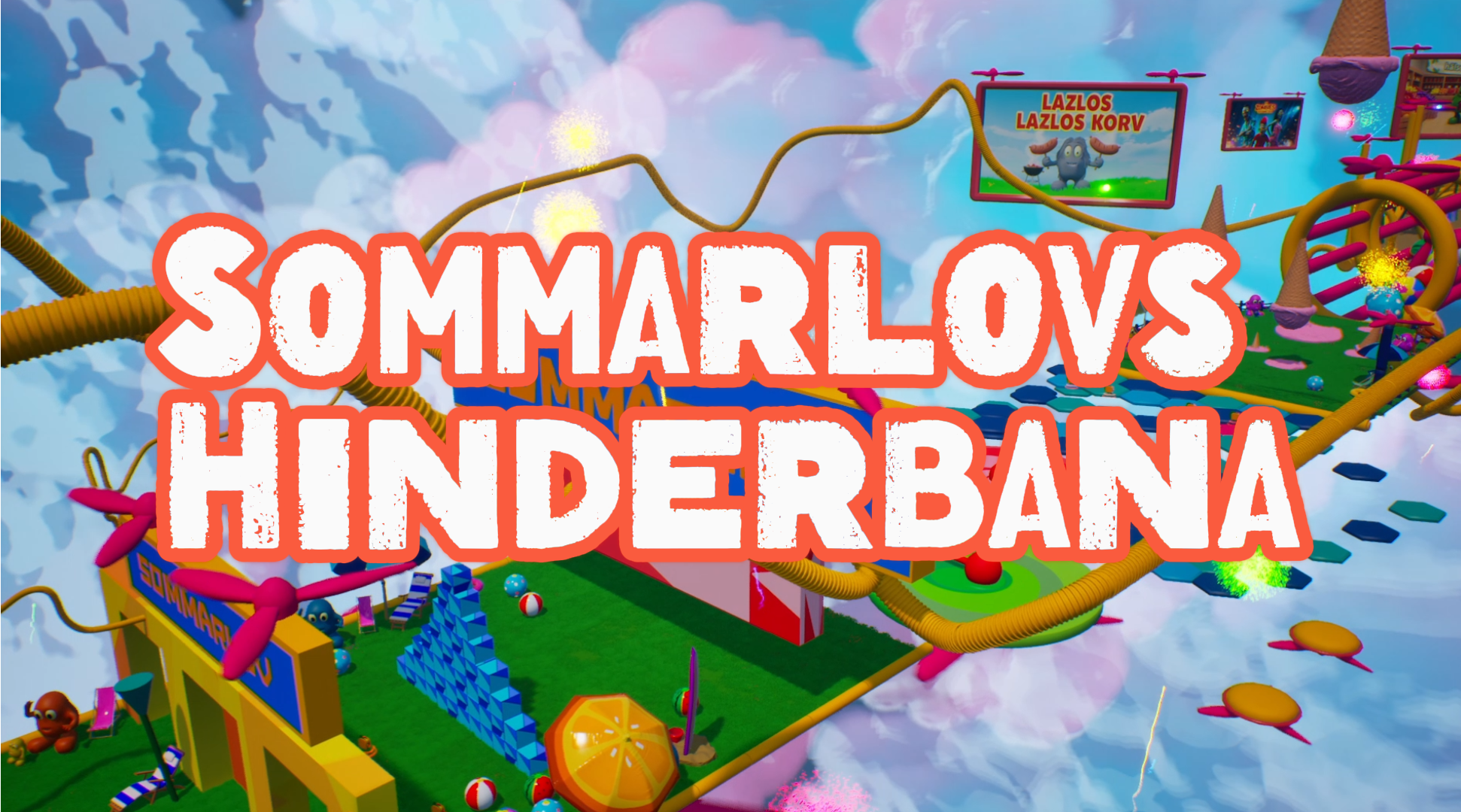 A colorful, fantastical amusement park in the sky with various rides, structures, and games, surrounded by clouds, with large text overlaying that reads 'SommarLax HinderBana' and additional signs in the background.