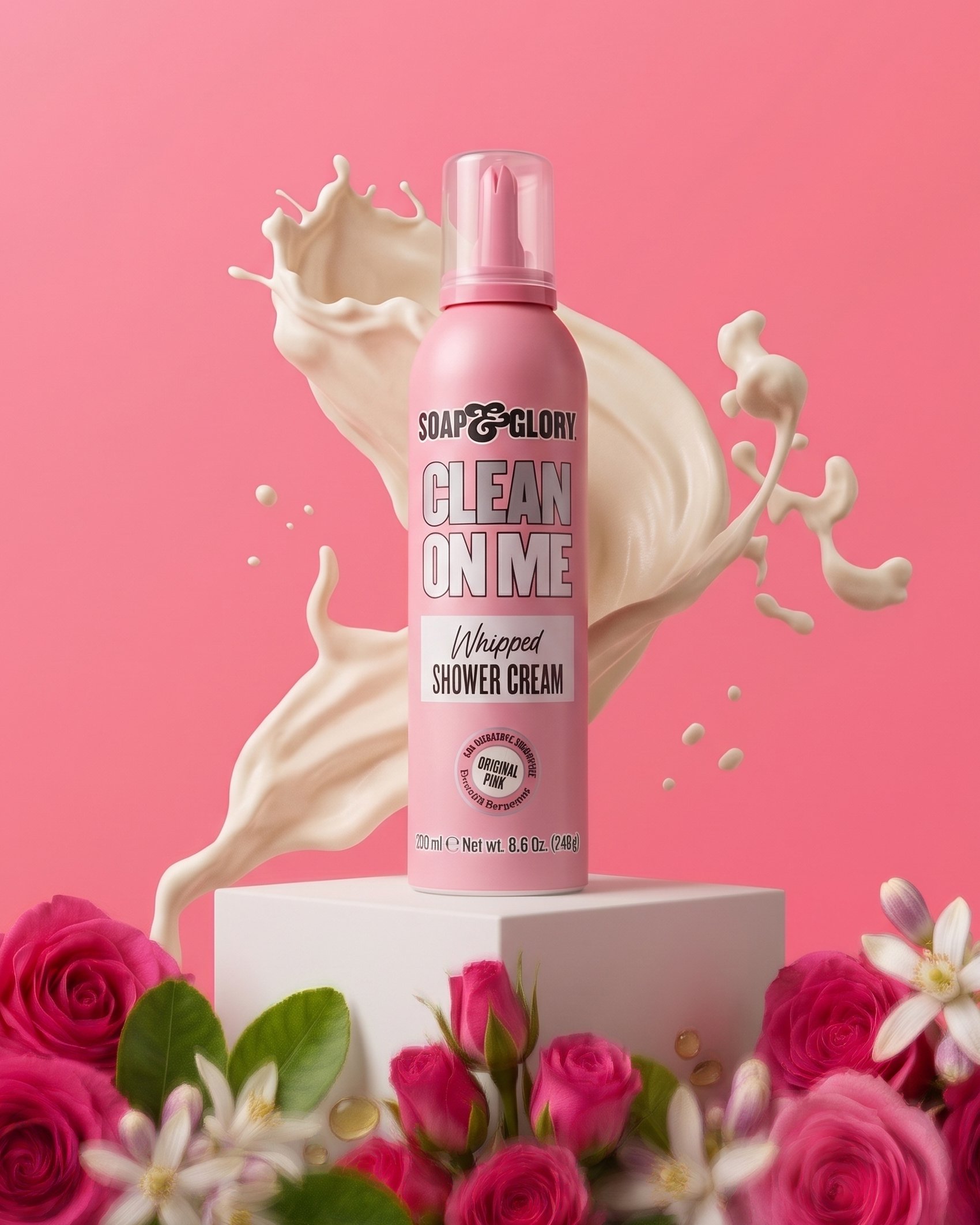 A pink bottle of Soap & Glory Clean On Me whipped shower cream with floral decorations, including pink roses, white daisies, and green leaves, against a pink background.