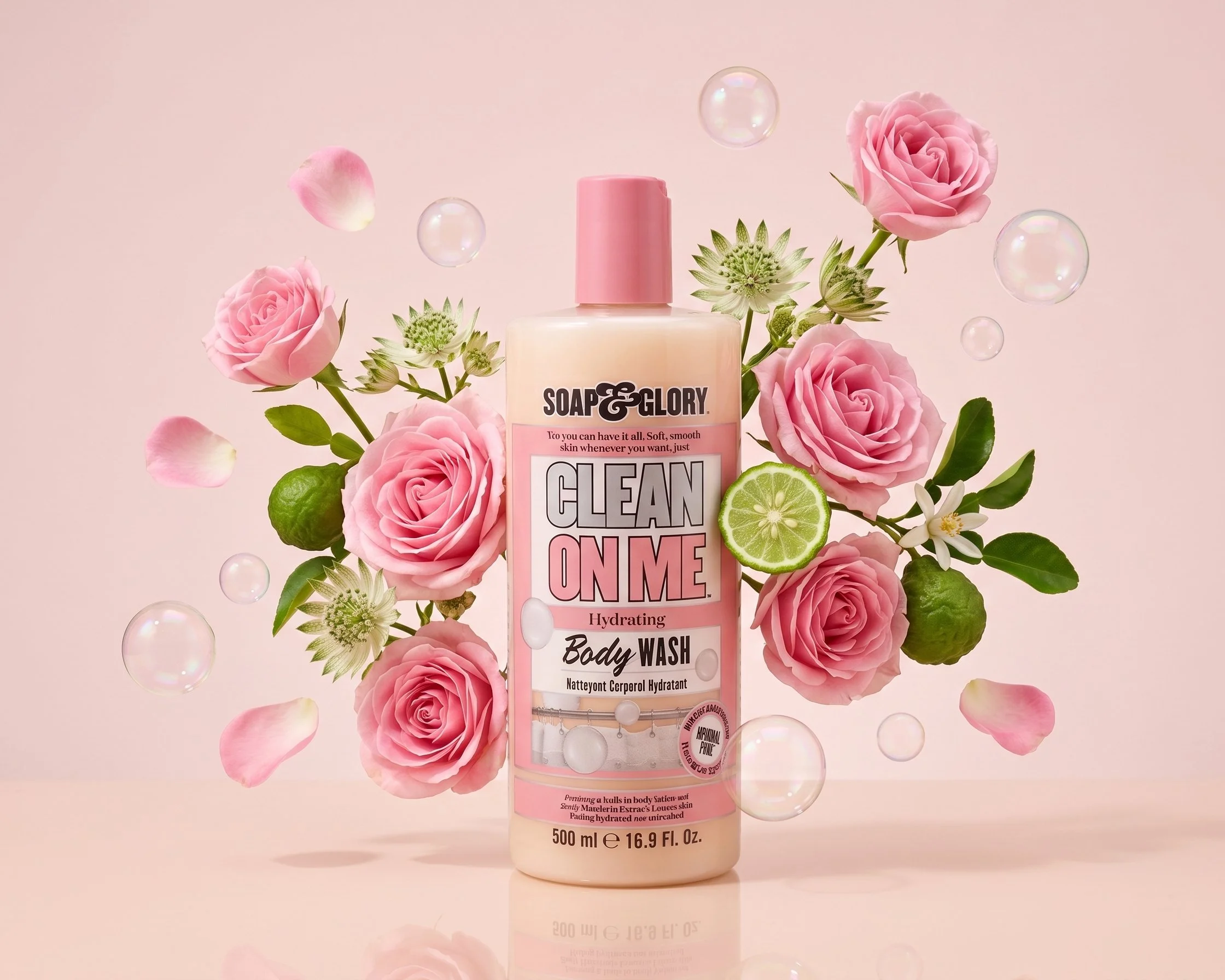 A pink bottle of body wash labeled 'SOAP & GLORY' surrounded by pink roses, green leaves, lime slices, and floating bubble orbs on a pink background.