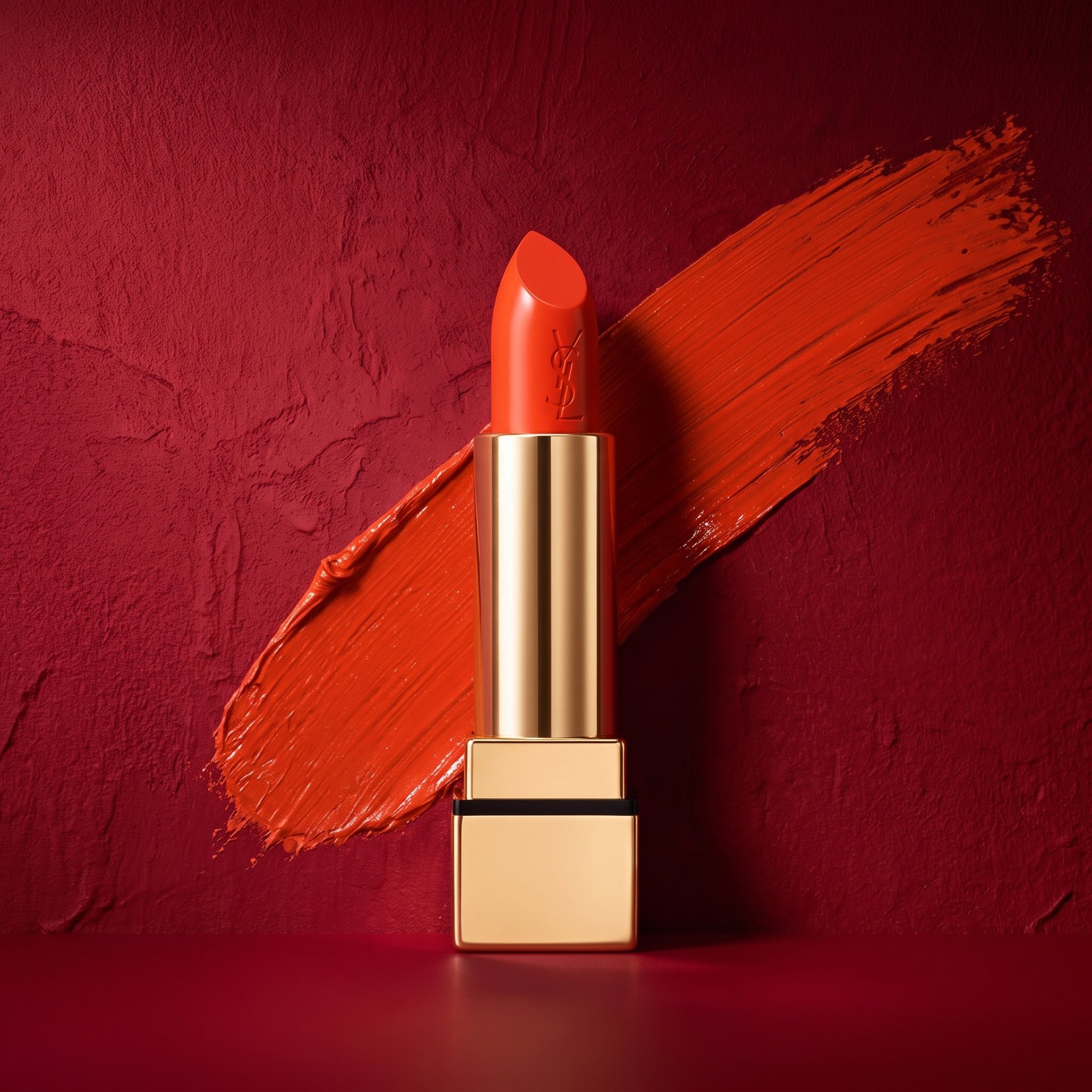 A gold lipstick tube with red lipstick and the brand name YSL engraved on it, placed on a red textured background with a red paint stroke