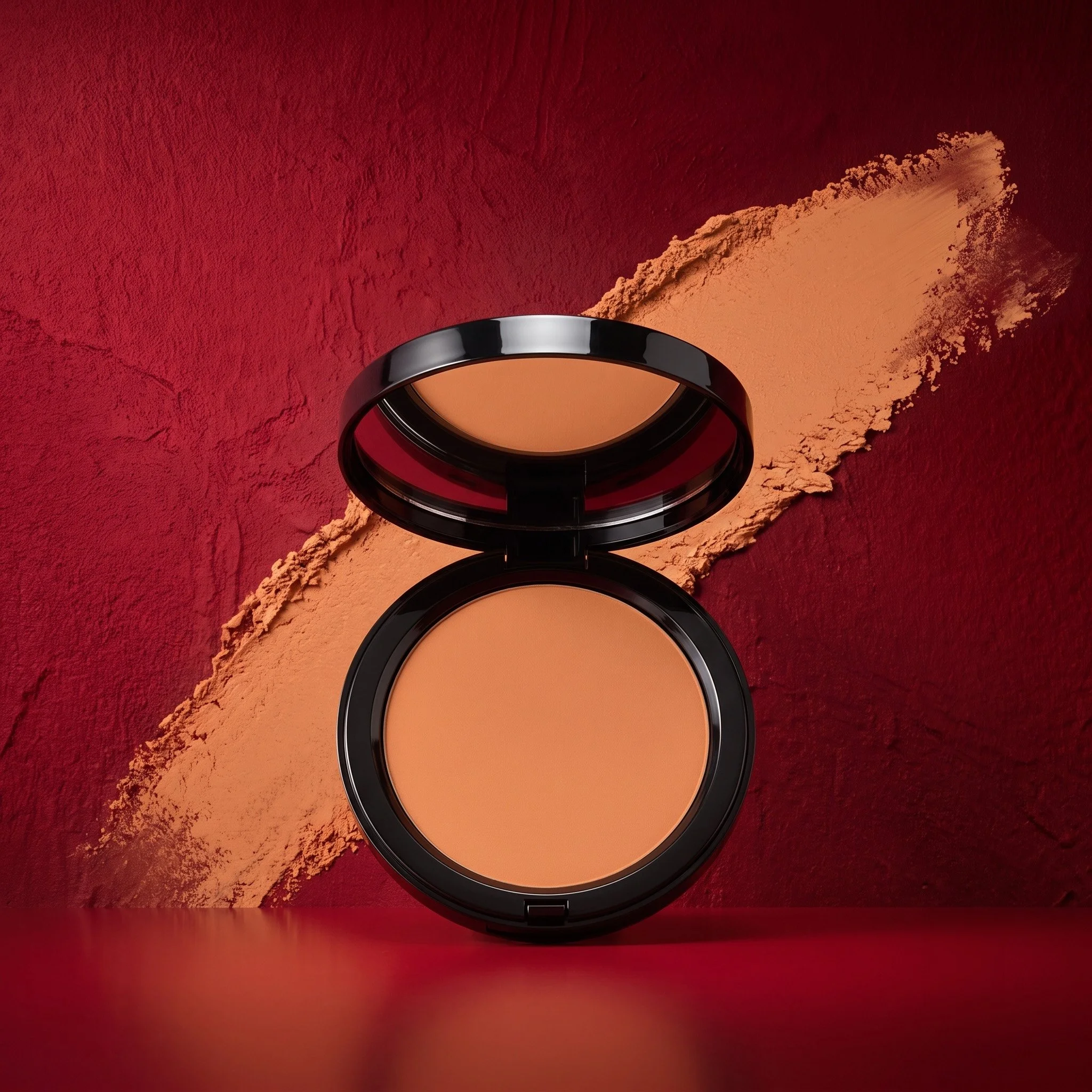 Open compact powder makeup case on a red textured surface with loose powder spilled around.