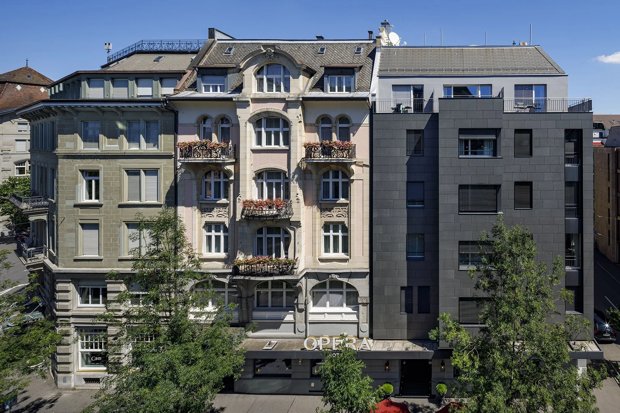 Exterior view of the historic building in which 
the Opera Hotel Zurich is located