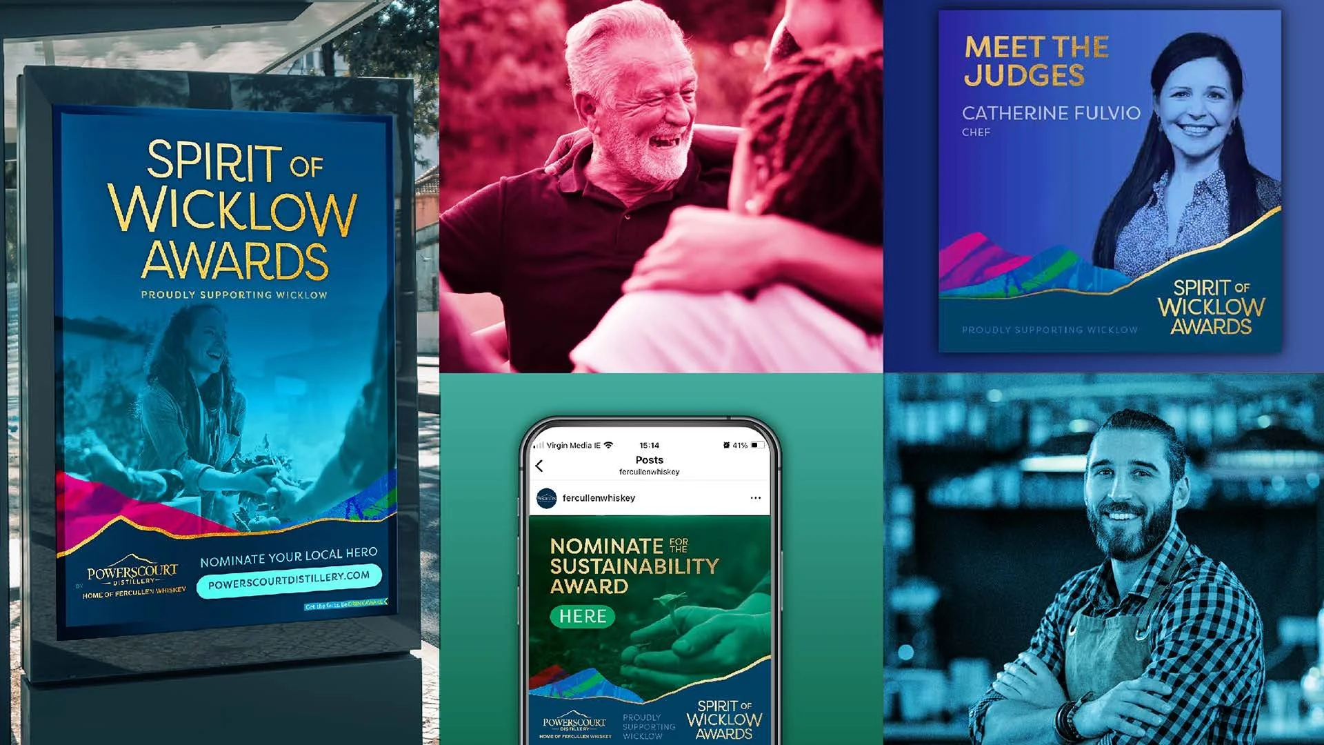 Collage of promotional materials for the Spirit of Wicklow Awards, including a large outdoor poster, a digital poster, and a smartphone screen, featuring images of smiling people, colorful mountain graphics, and texts encouraging nominations.
