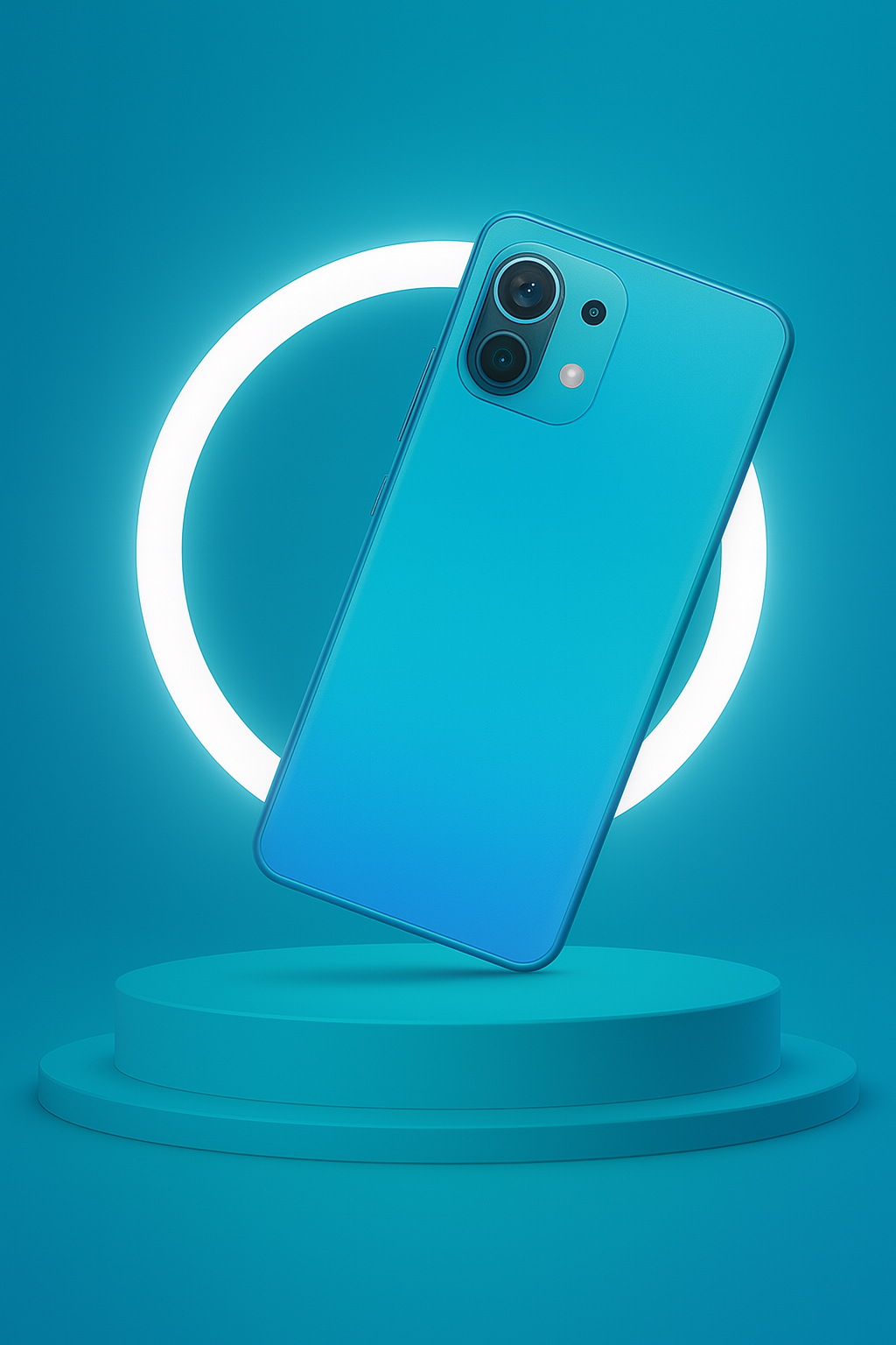 A blue smartphone displayed on a round pedestal with a glowing white circle behind it.