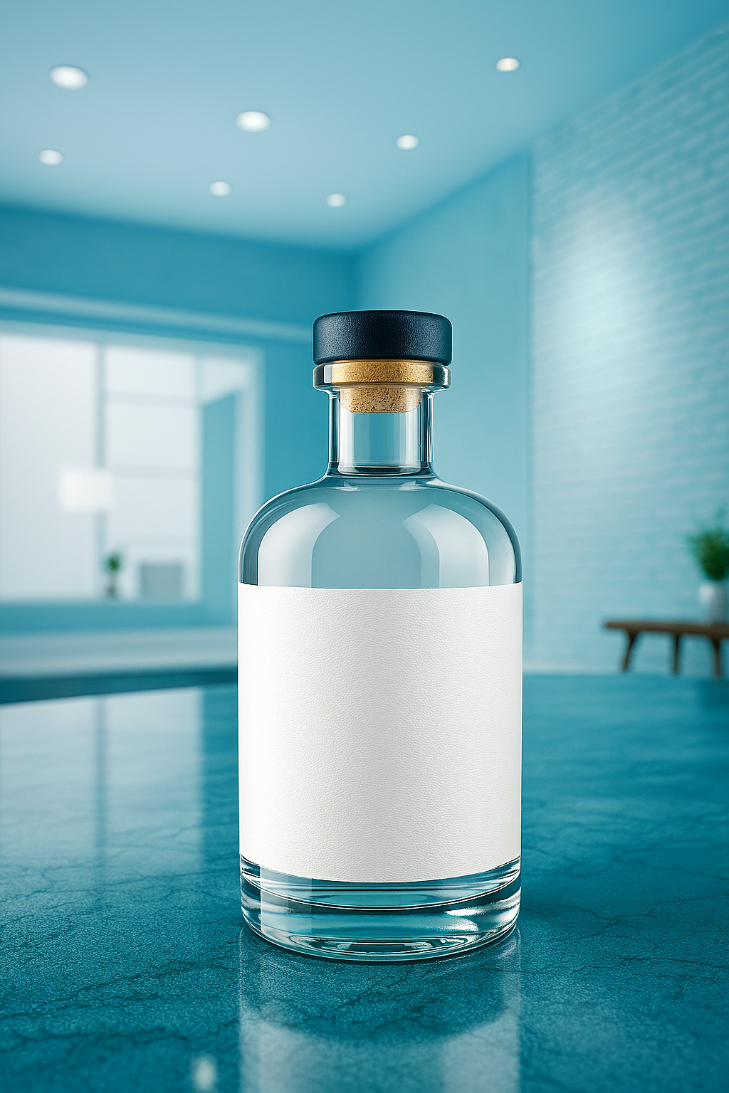 Clear glass bottle with blank white label on blue table in modern room with blue walls and ceiling, and sunlight coming through window.