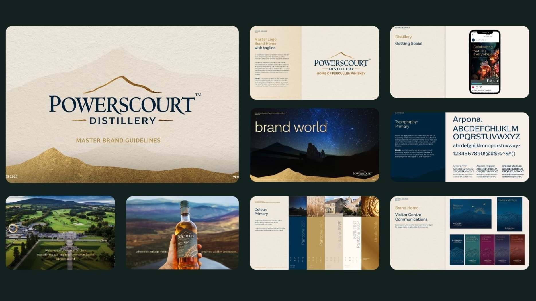 Collection of brand and marketing materials for Powerscourt Distillery, including logos, signage, color palette, packaging, and promotional content.