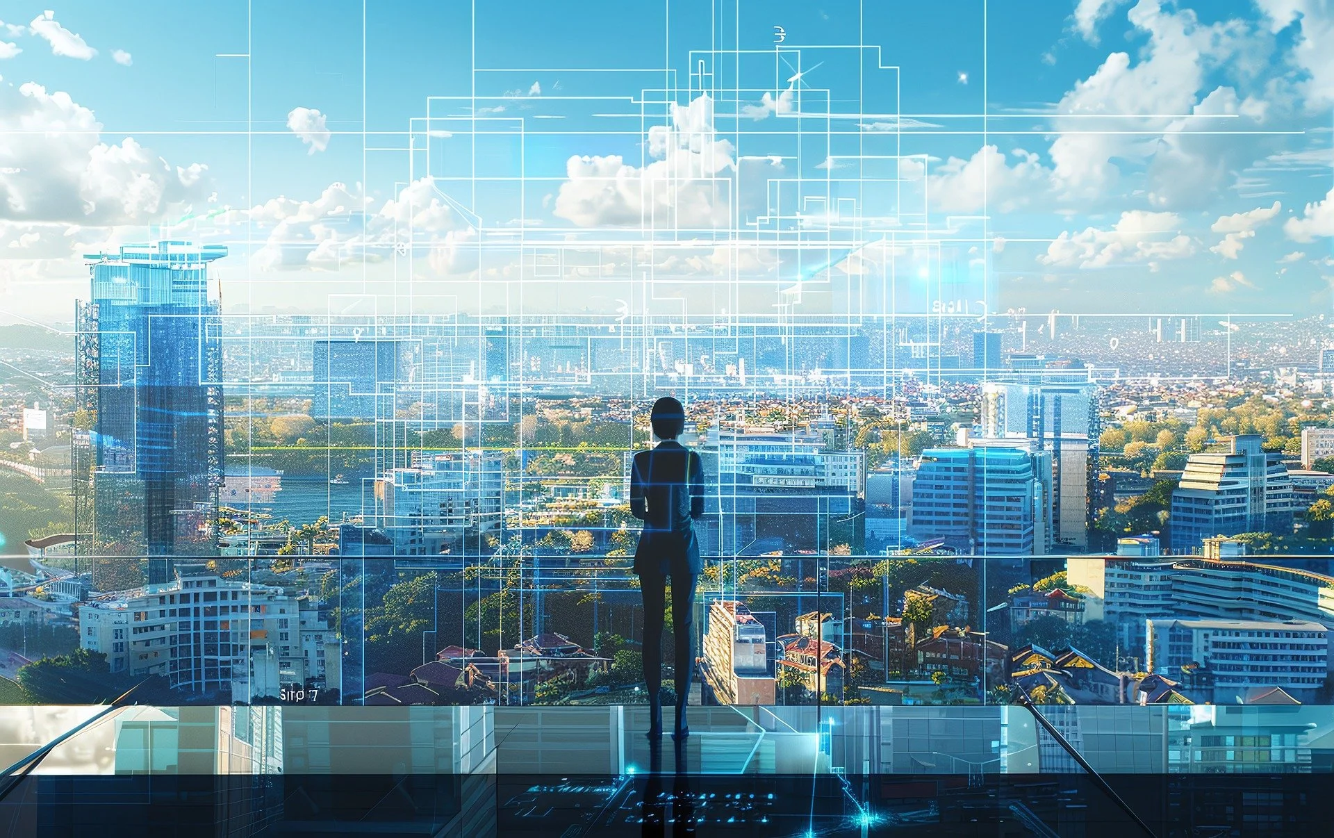 KI-generert bilde som viser en dame som skuer ut over et bybilde gjennom en stor glassfasade. Foto.