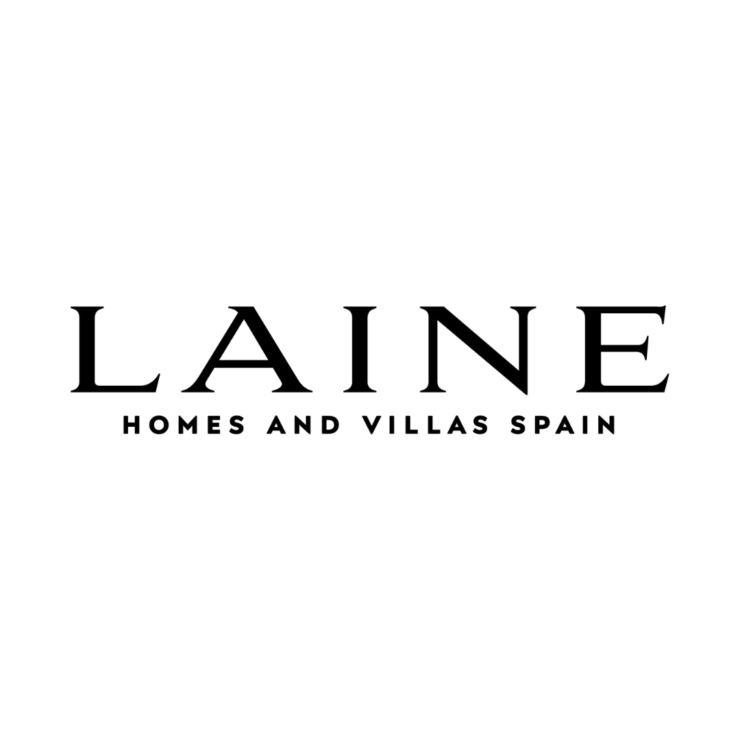 "Laine" in big black text with black undertext "homes and villas spain, white background