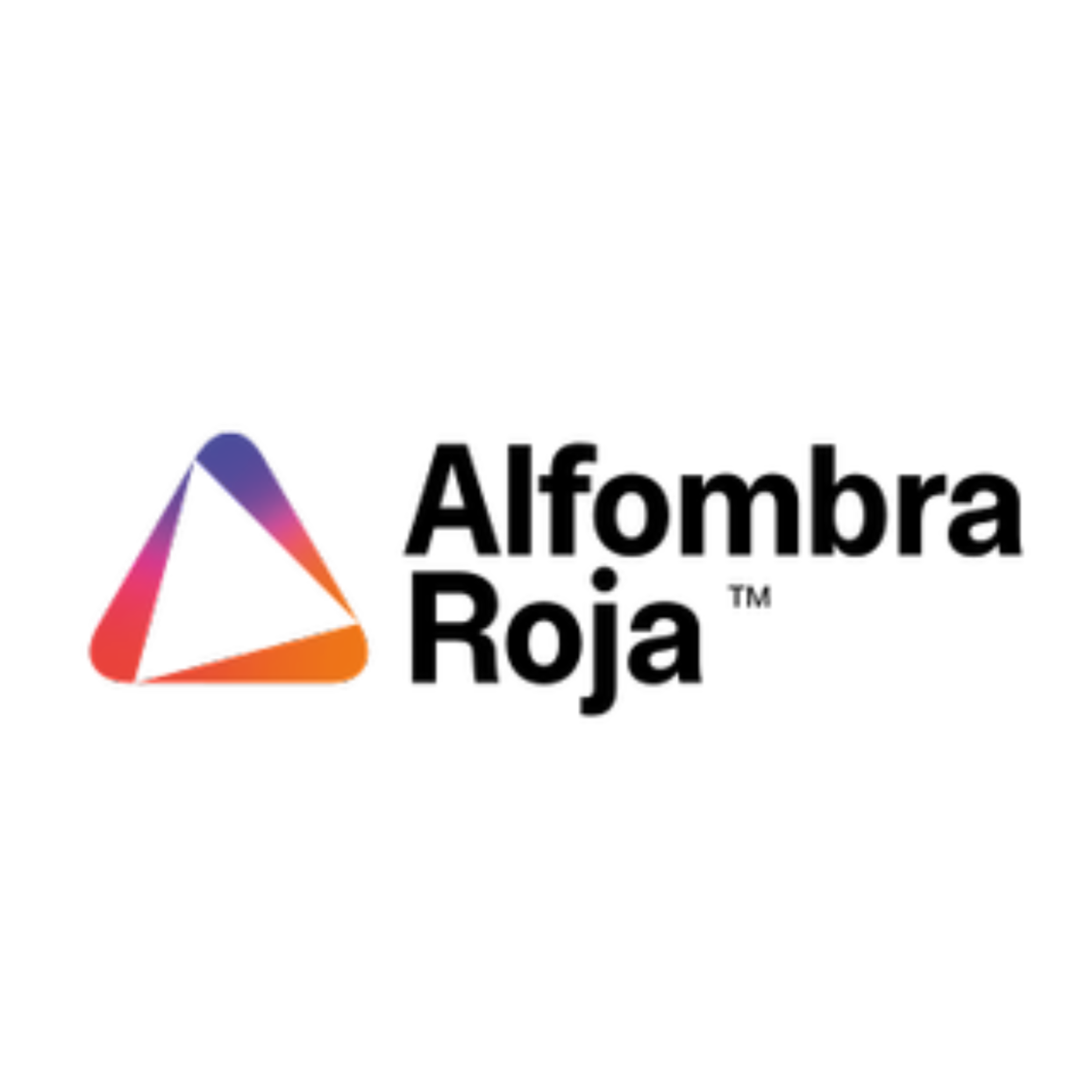 Alfombra Roja text in black, colourful triangle in front