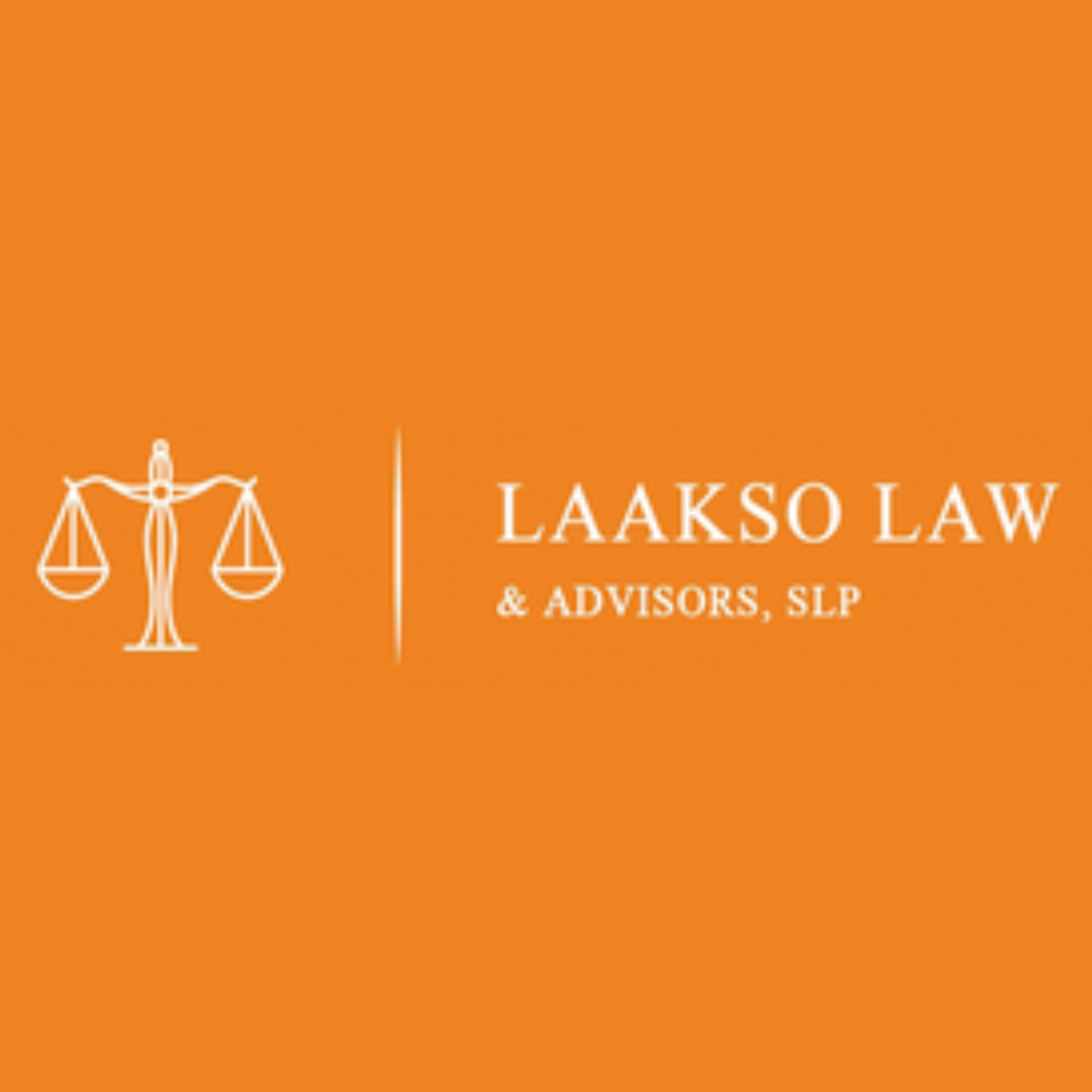 Logo for Laakso Law & Advisors, SLP featuring a stylized justice scale on an orange background.
