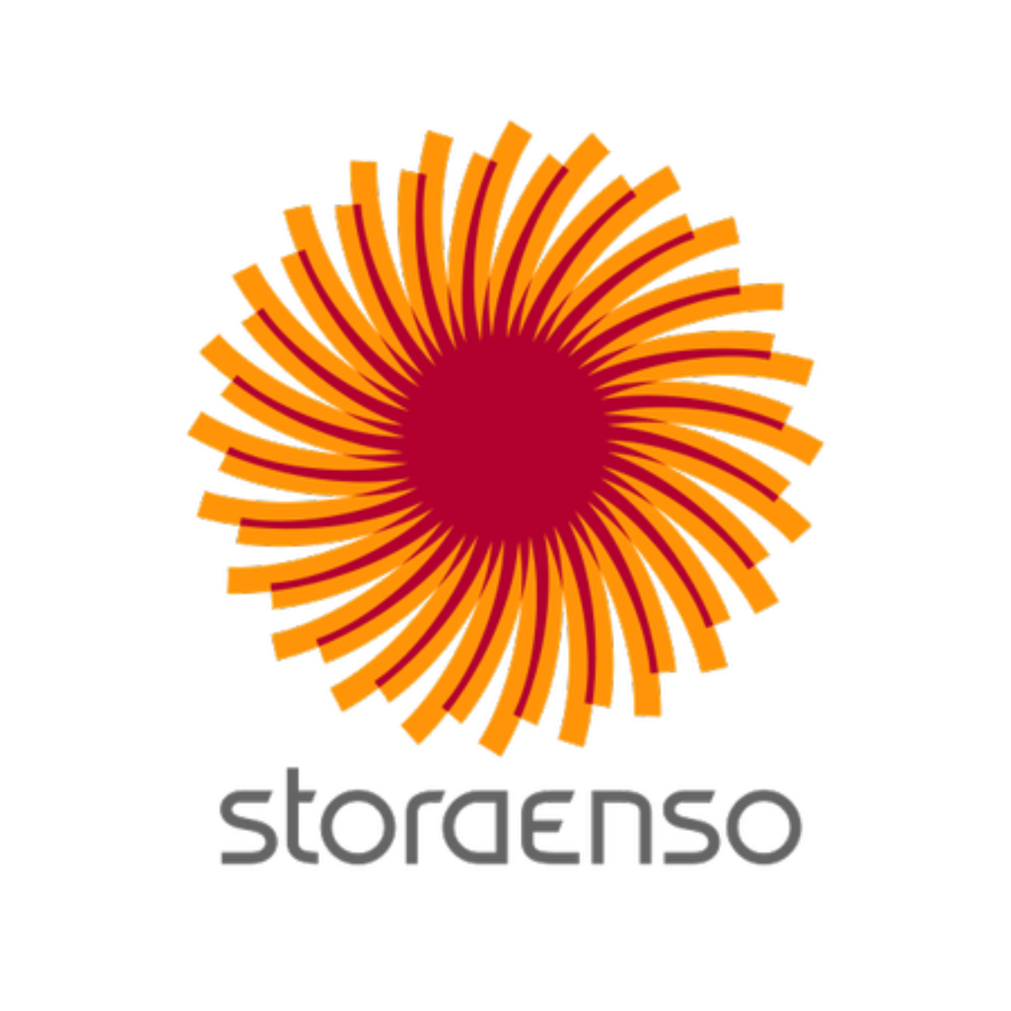 Stora Enso logo, featuring a stylized orange and red sunburst above the company name in grey letters on a white backround. 