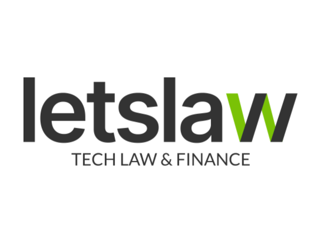 "letslaw" text in black and green with undertext in black "tech & finance on white background