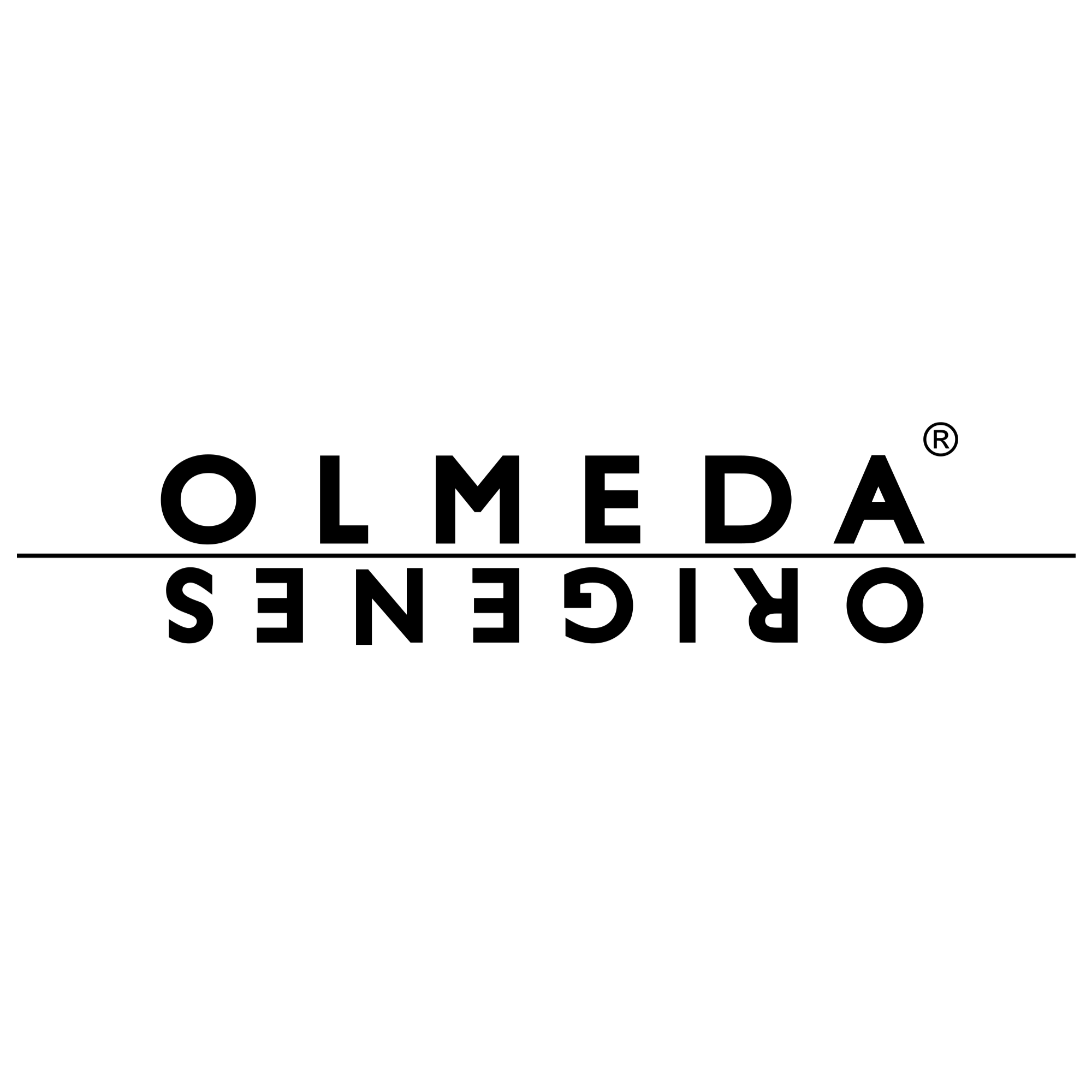 Olmeda Origenes text in black with black line on a white backround.