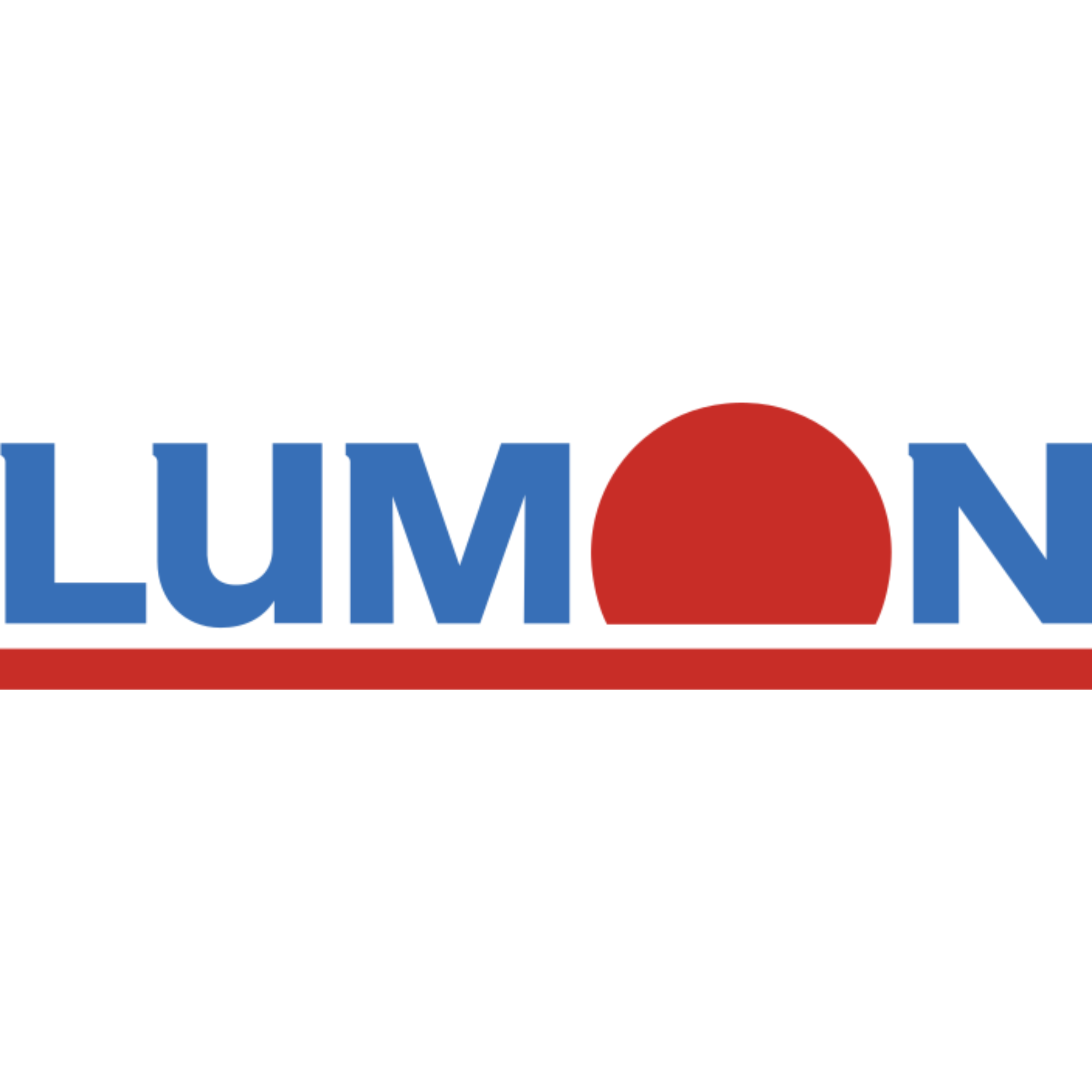 Lumon logo with blue letters and a red half-circle design