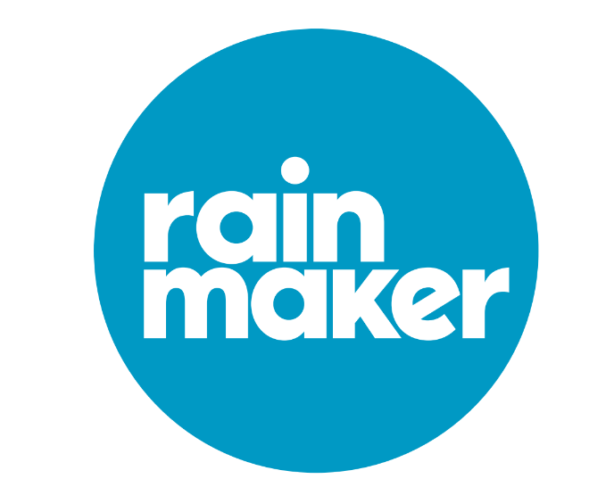 text ''rain maker'' in white in a blue full circle