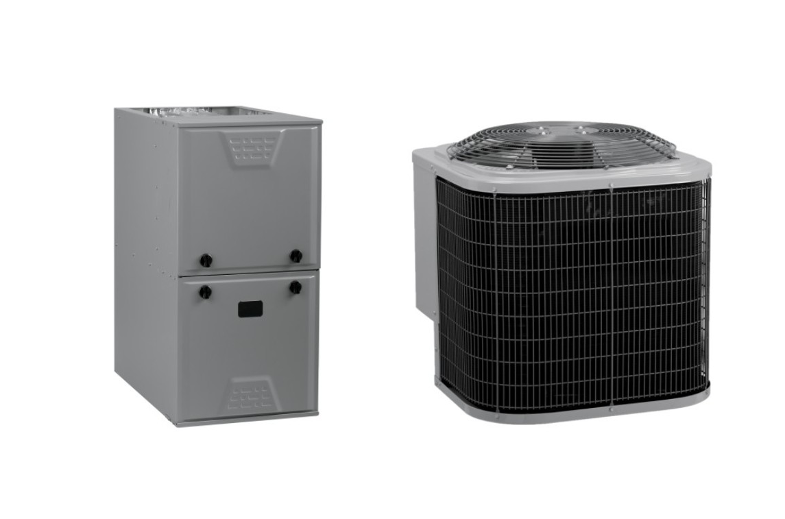 An outdoor HVAC unit and a furnace